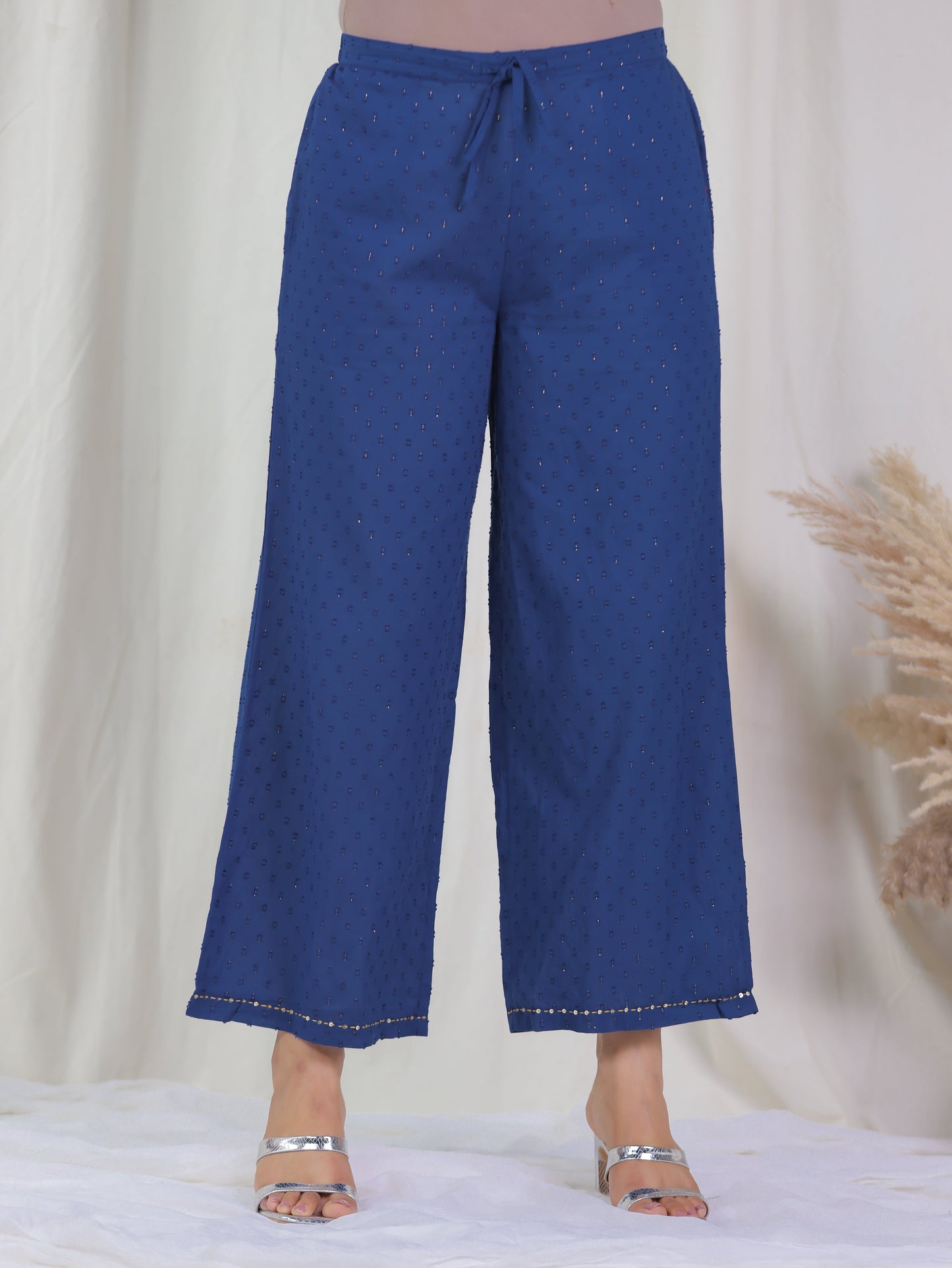 Embroidered Textured Cotton Woven Design Blue Palazzo