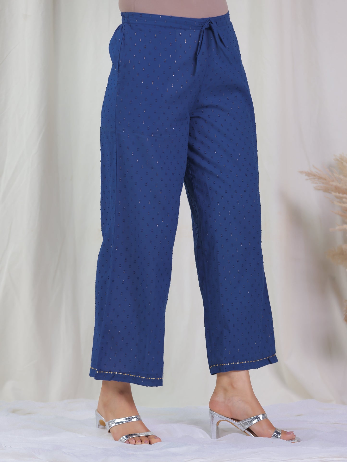 Embroidered Textured Cotton Woven Design Blue Palazzo