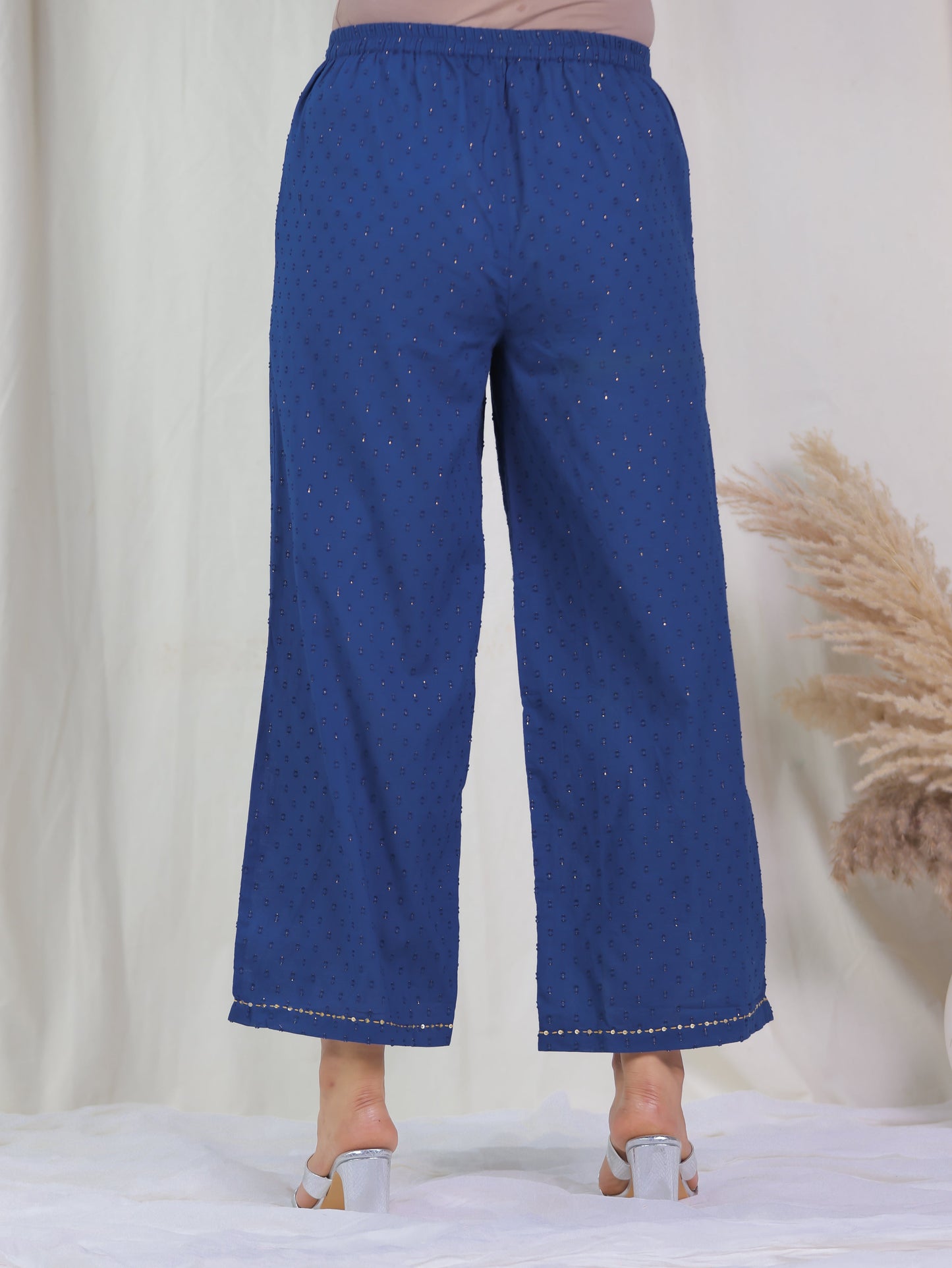 Embroidered Textured Cotton Woven Design Blue Palazzo