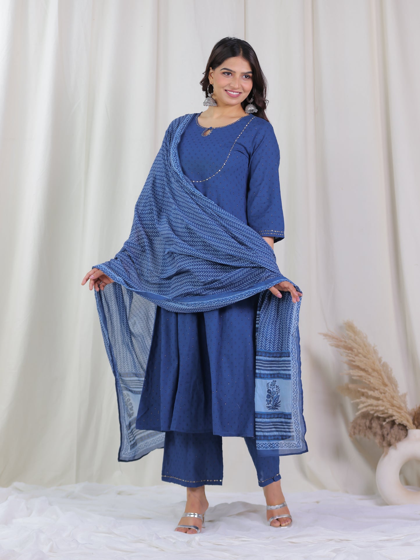 Embroidered Textured Cotton Woven Design Anarkali Indigo blue Kurta