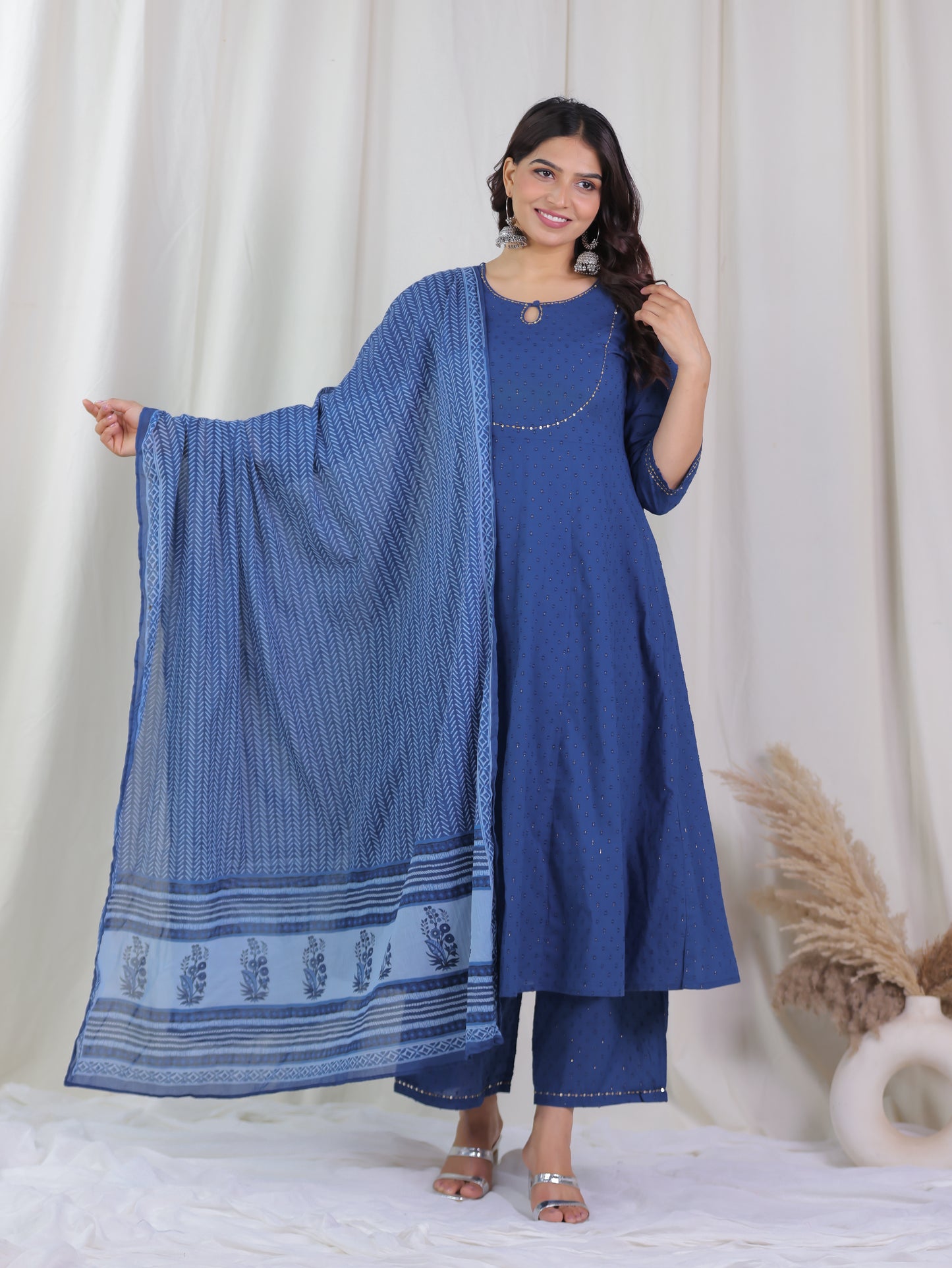 Embroidered Textured Cotton Woven Design Anarkali Indigo blue Kurta