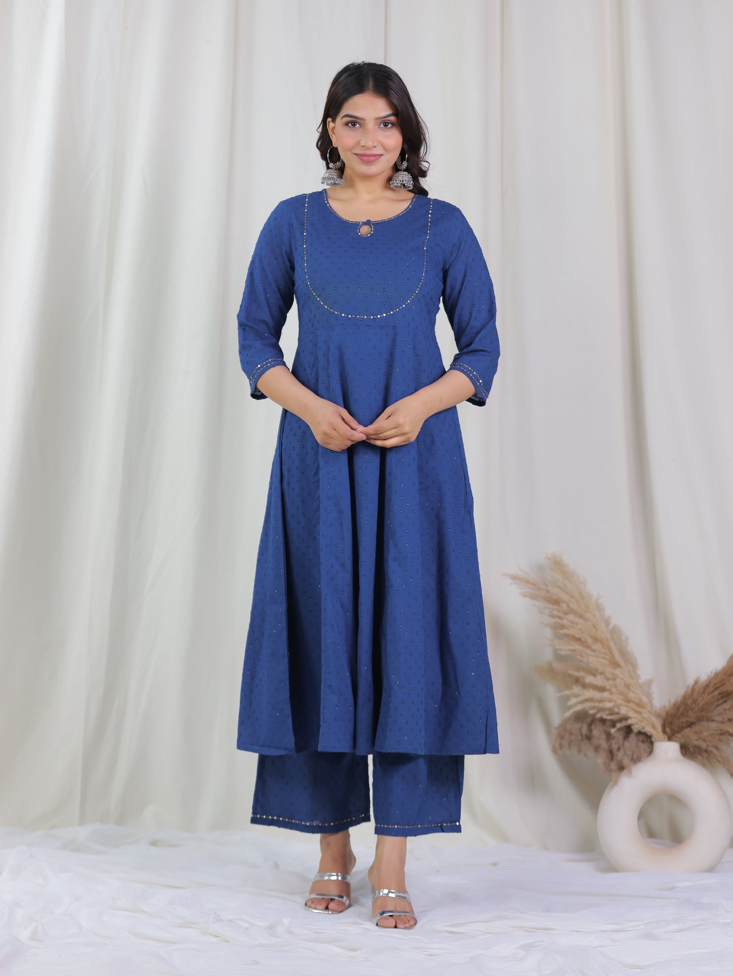 Embroidered Textured Cotton Woven Design Anarkali Indigo blue Kurta