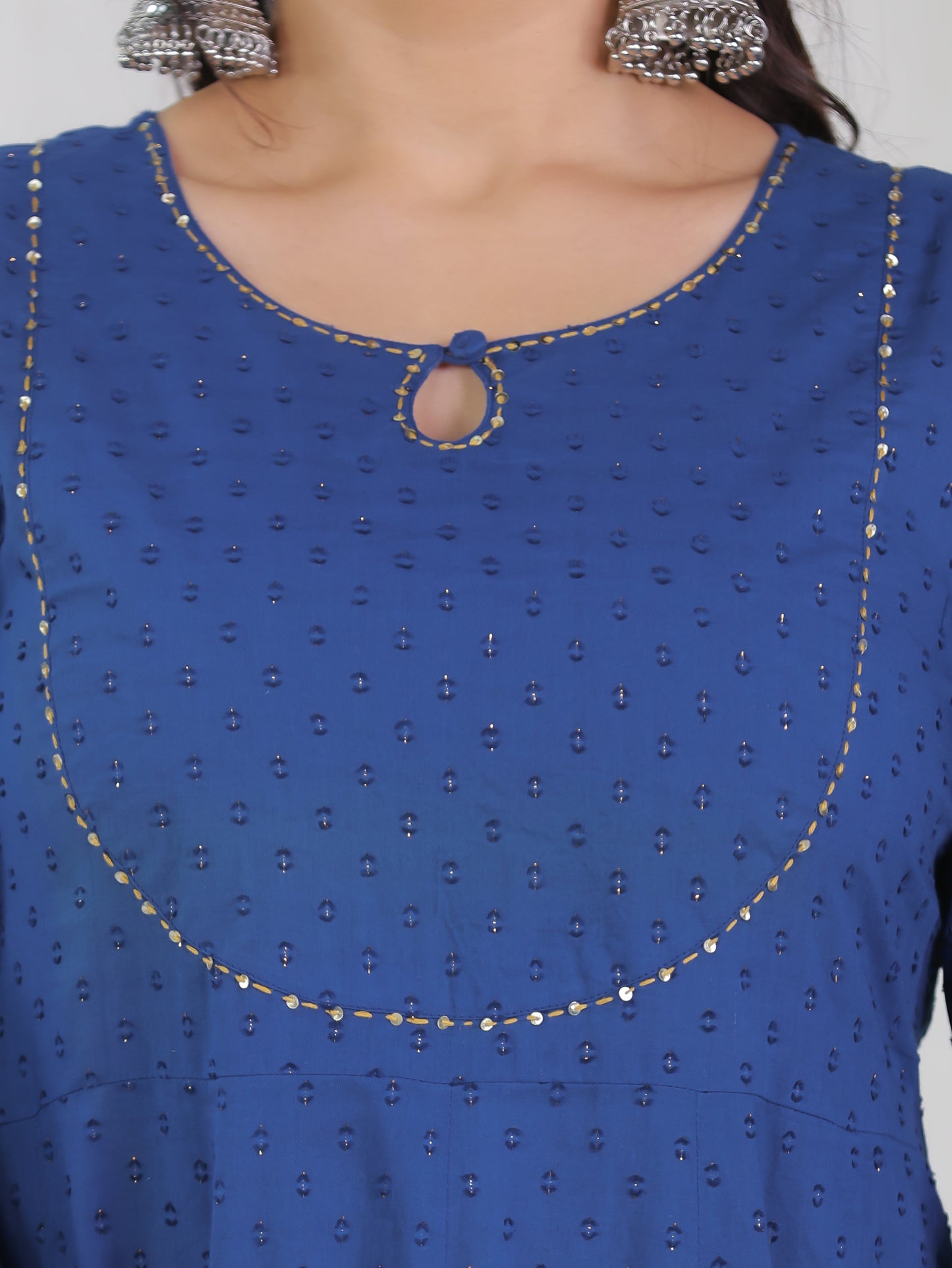Embroidered Textured Cotton Woven Design Anarkali Indigo blue Kurta