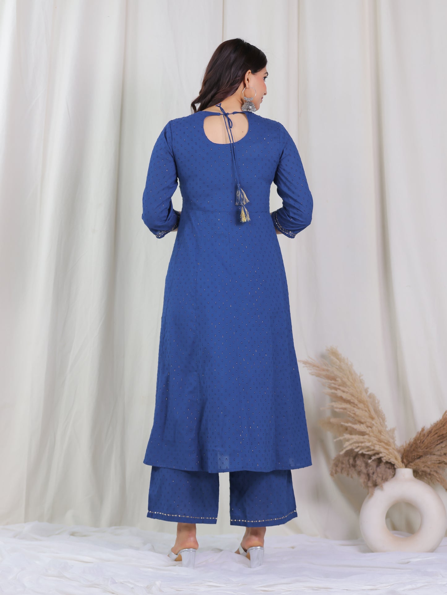 Embroidered Textured Cotton Woven Design Anarkali Indigo blue Kurta