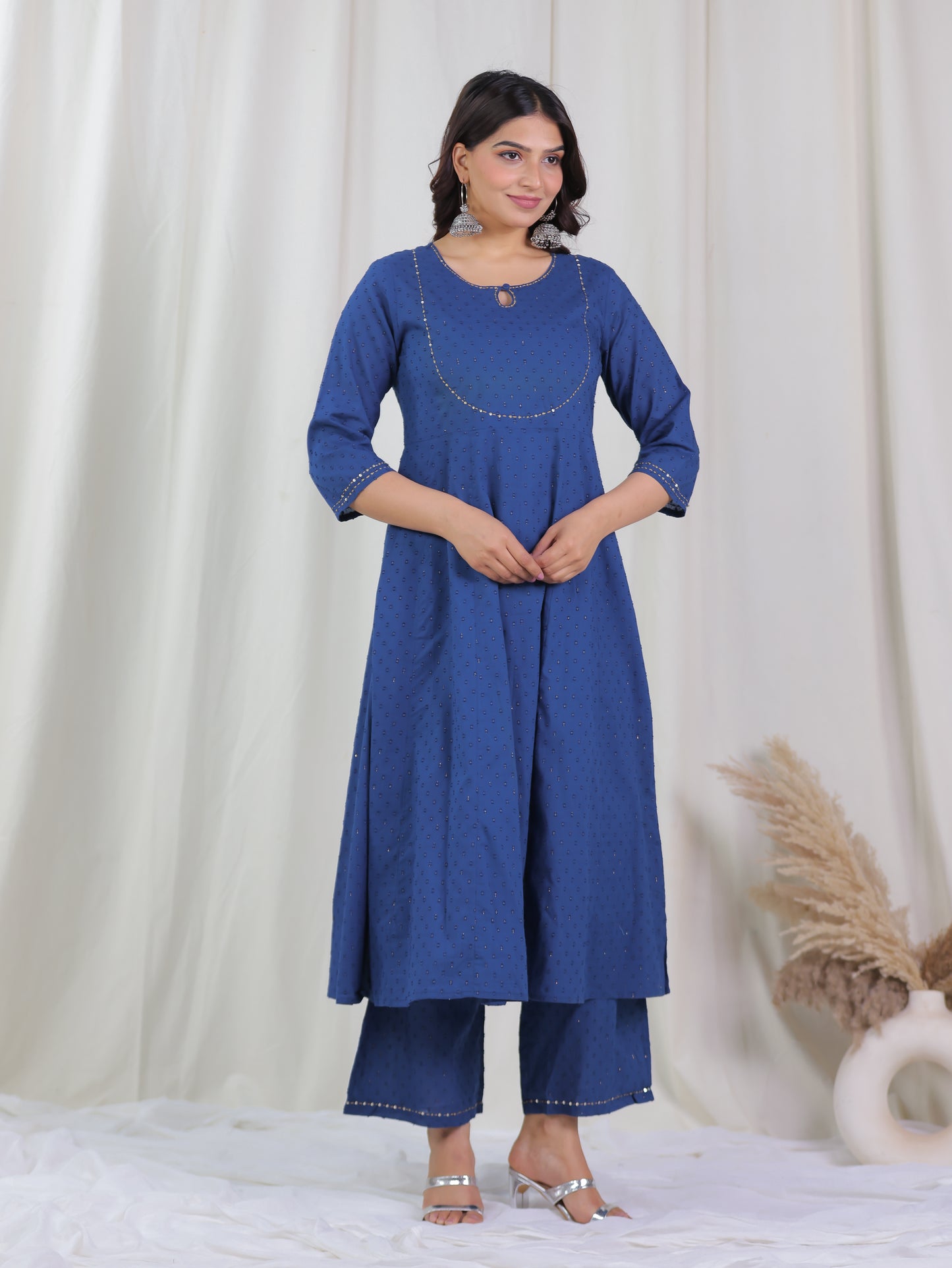 Embroidered Textured Cotton Woven Design Anarkali Indigo blue Kurta