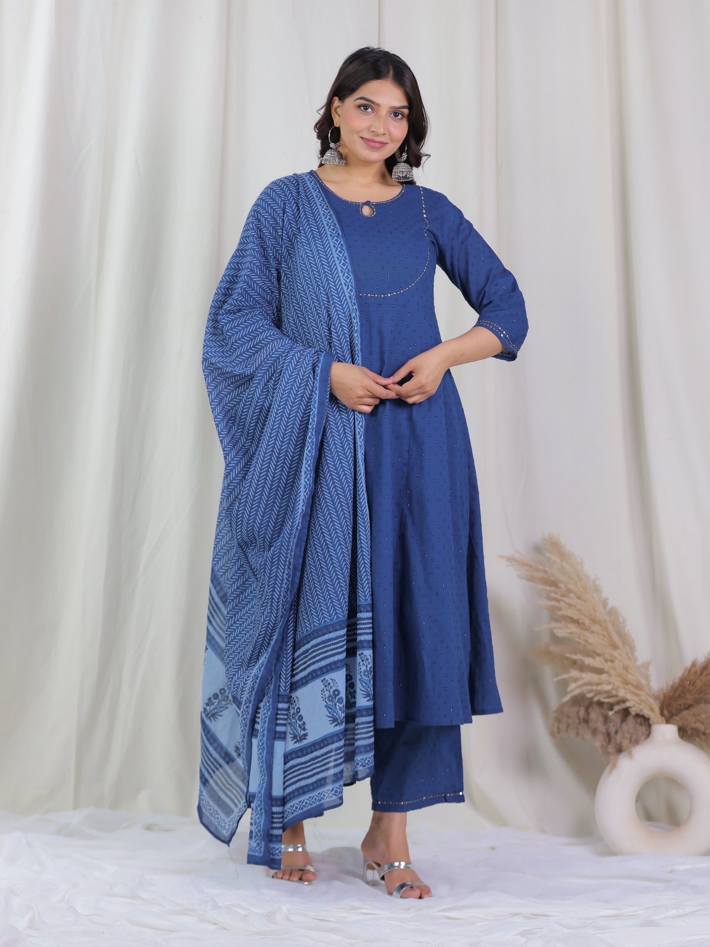 Embroidered Textured Cotton Woven Design Anarkali Indigo blue Kurta