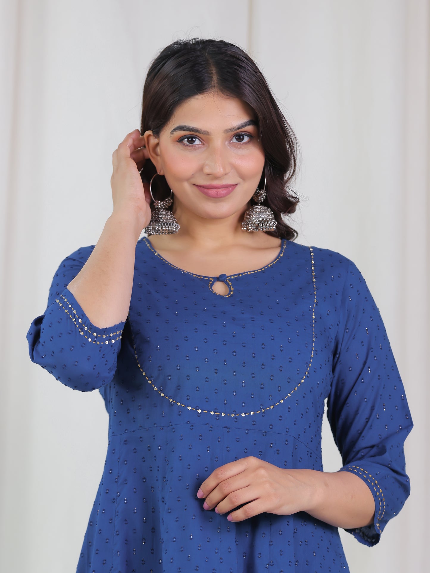Embroidered Textured Cotton Woven Design Anarkali Indigo blue Kurta
