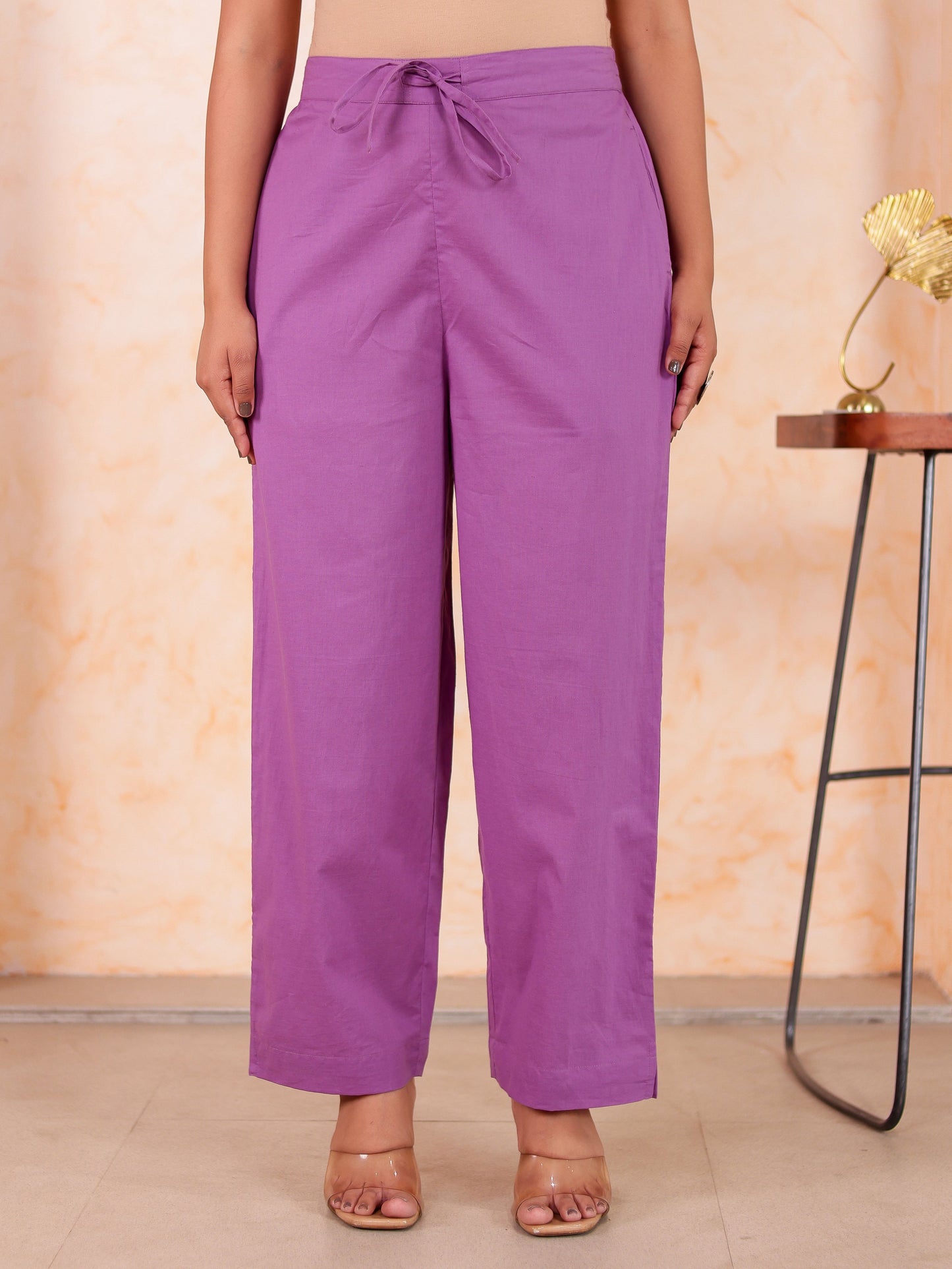 Soft Cotton Solid Lavender Straight Trousers