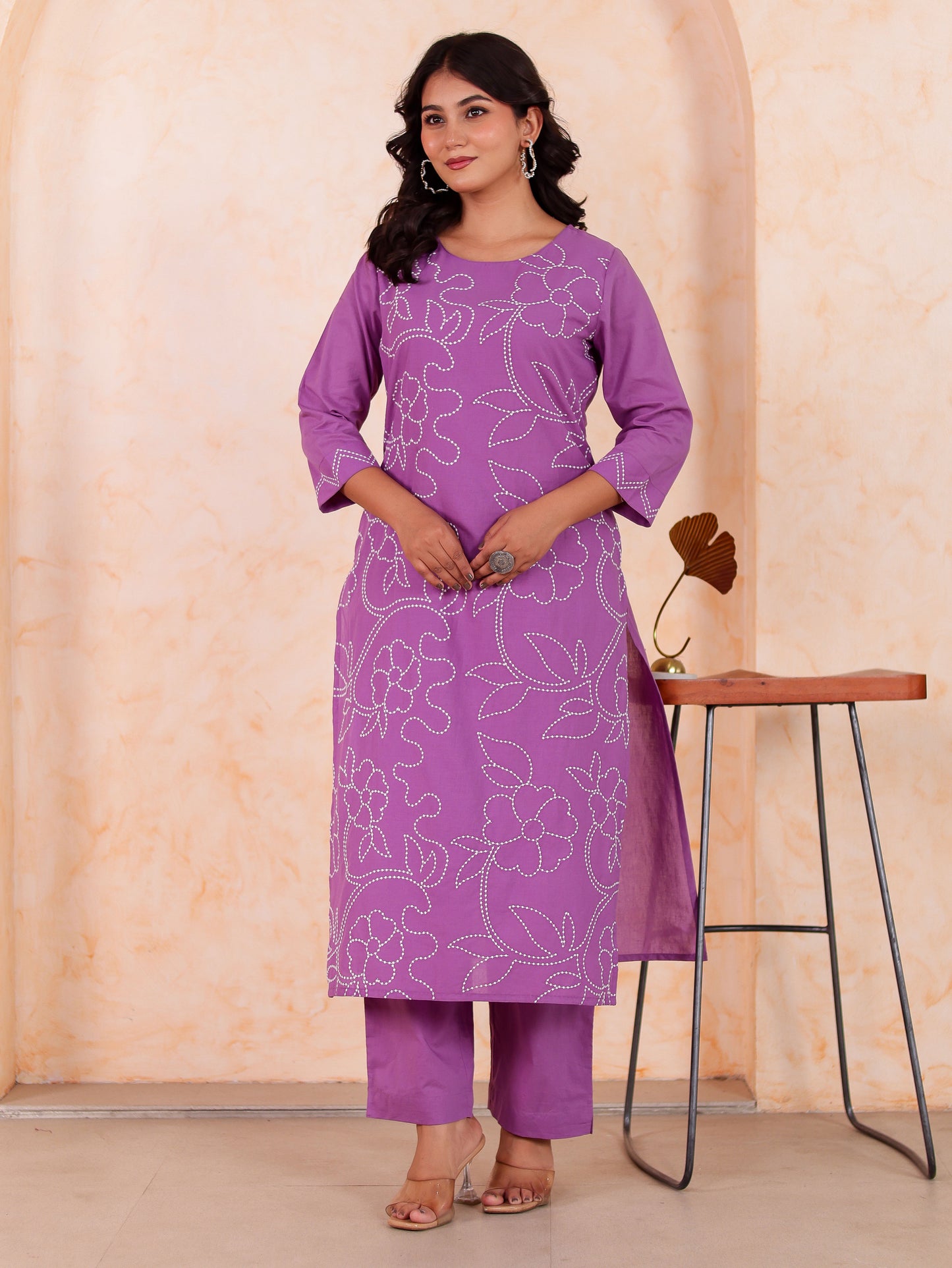 Embroidered Soft Cotton Solid Straight Lavender Kurta