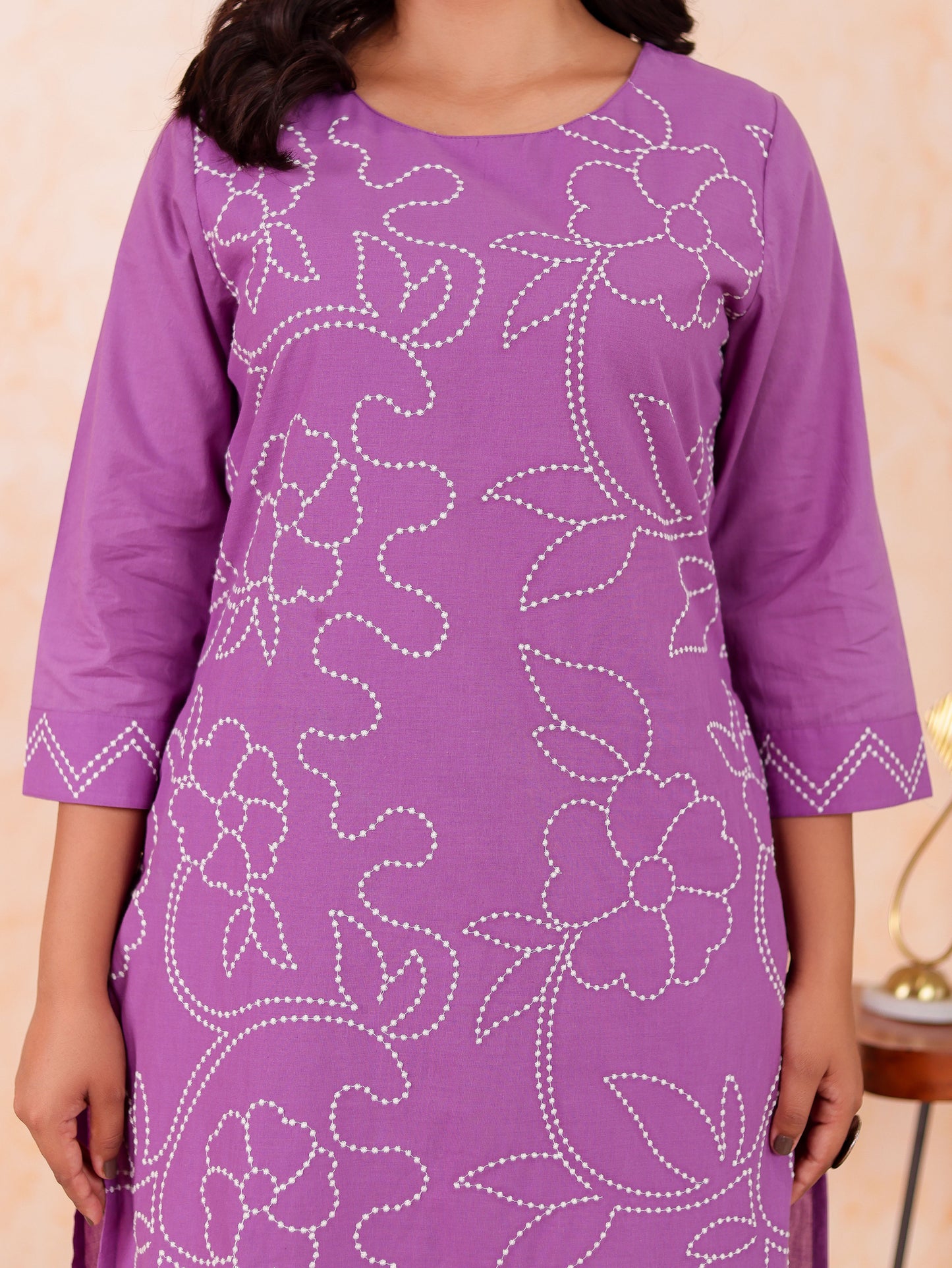 Embroidered Soft Cotton Solid Straight Lavender Kurta
