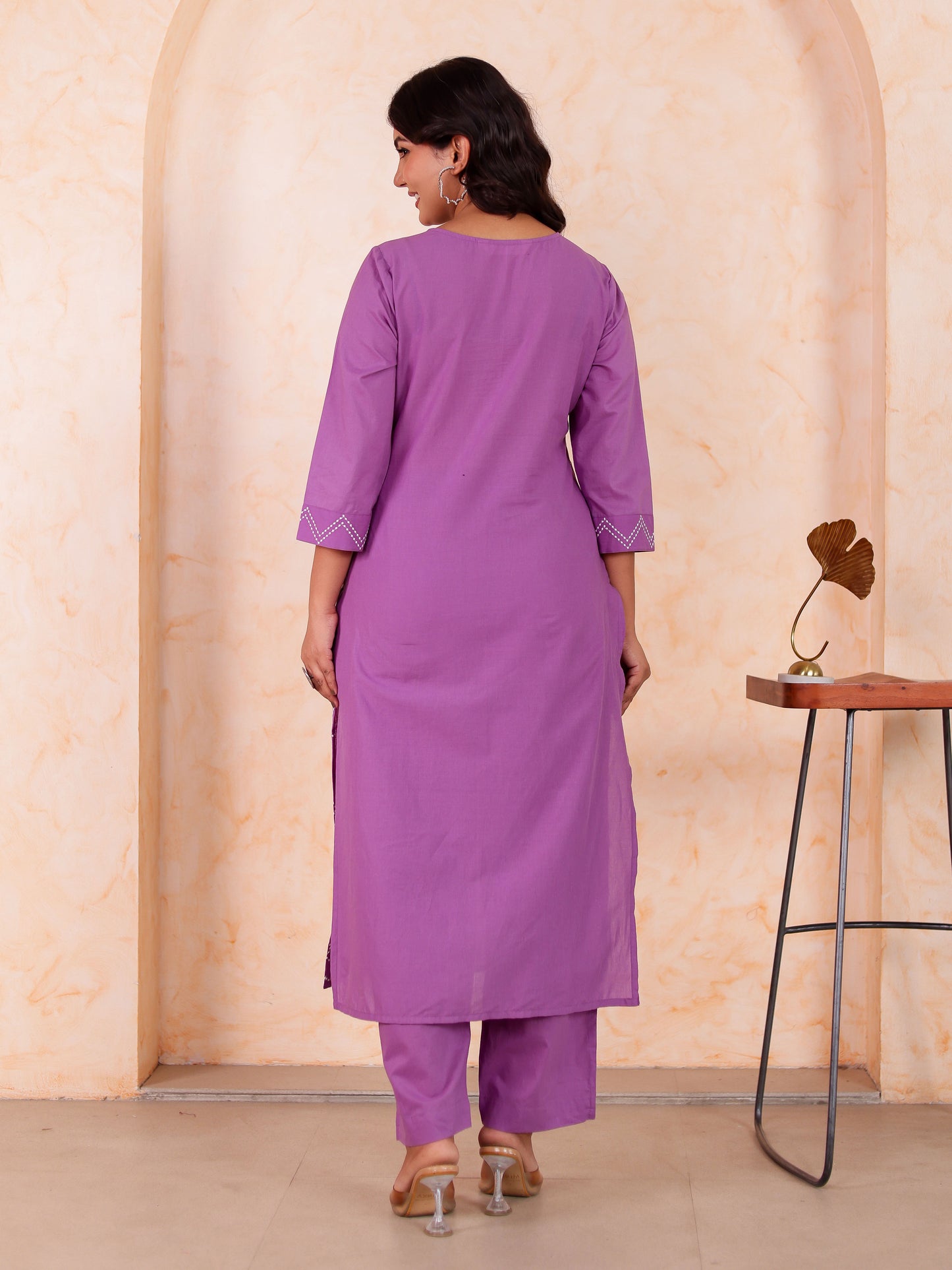 Embroidered Soft Cotton Solid Straight Lavender Kurta