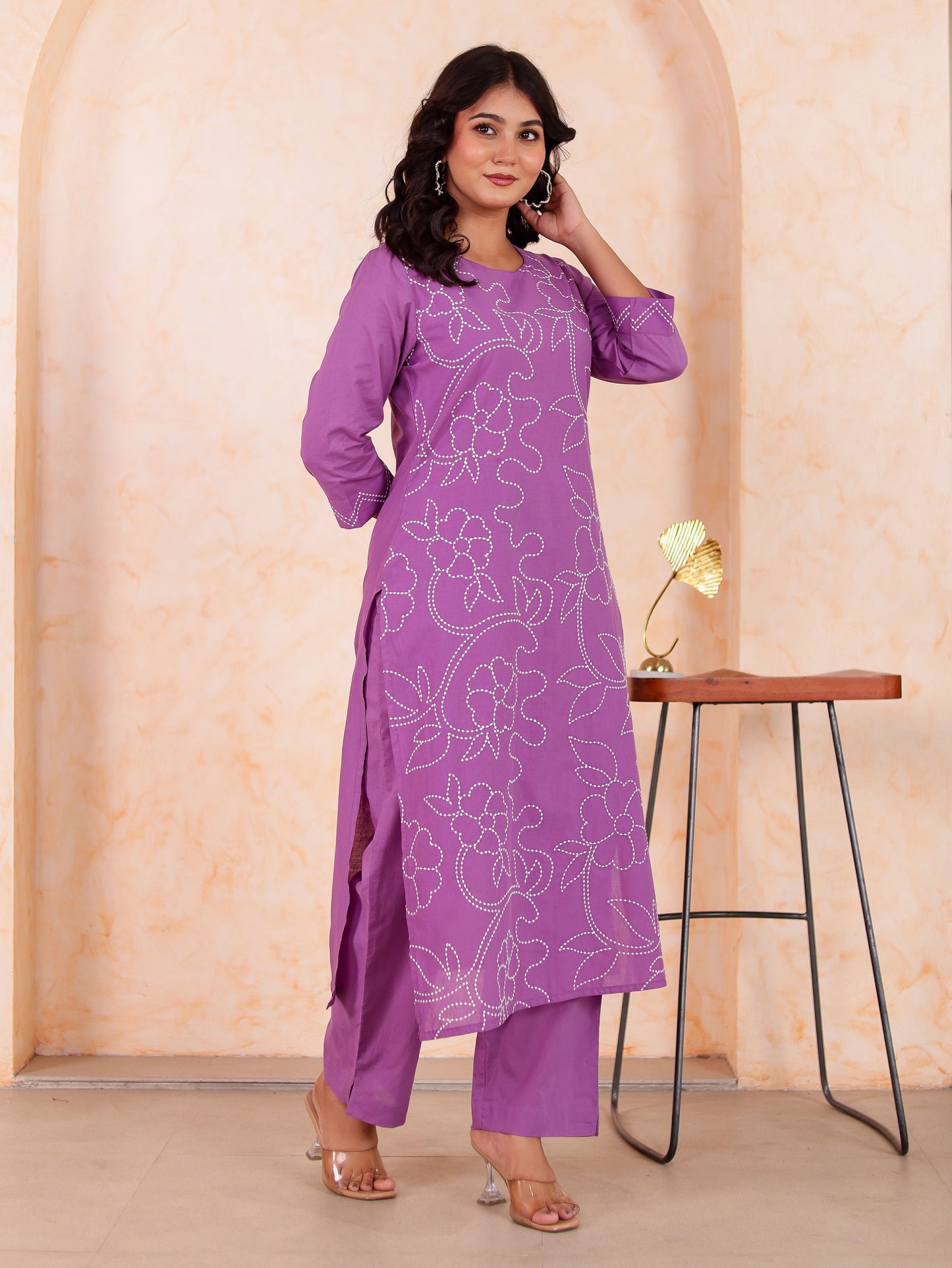 Embroidered Soft Cotton Solid Straight Lavender Kurta