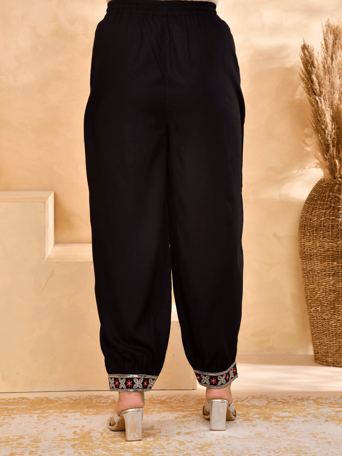 Embroidered Viscose Solid Straight Black Short Kurta