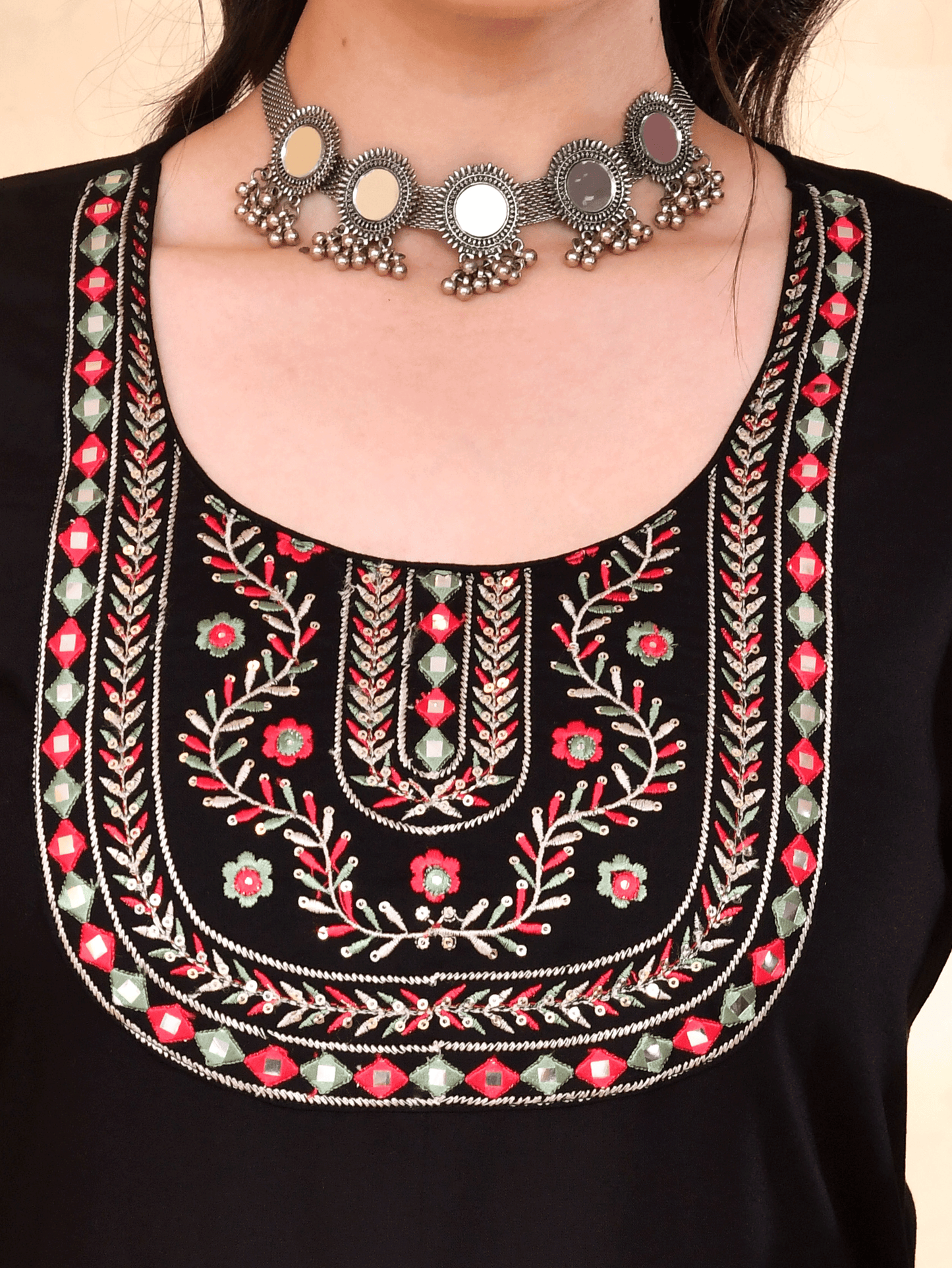 Embroidered Viscose Solid Straight Black Short Kurta