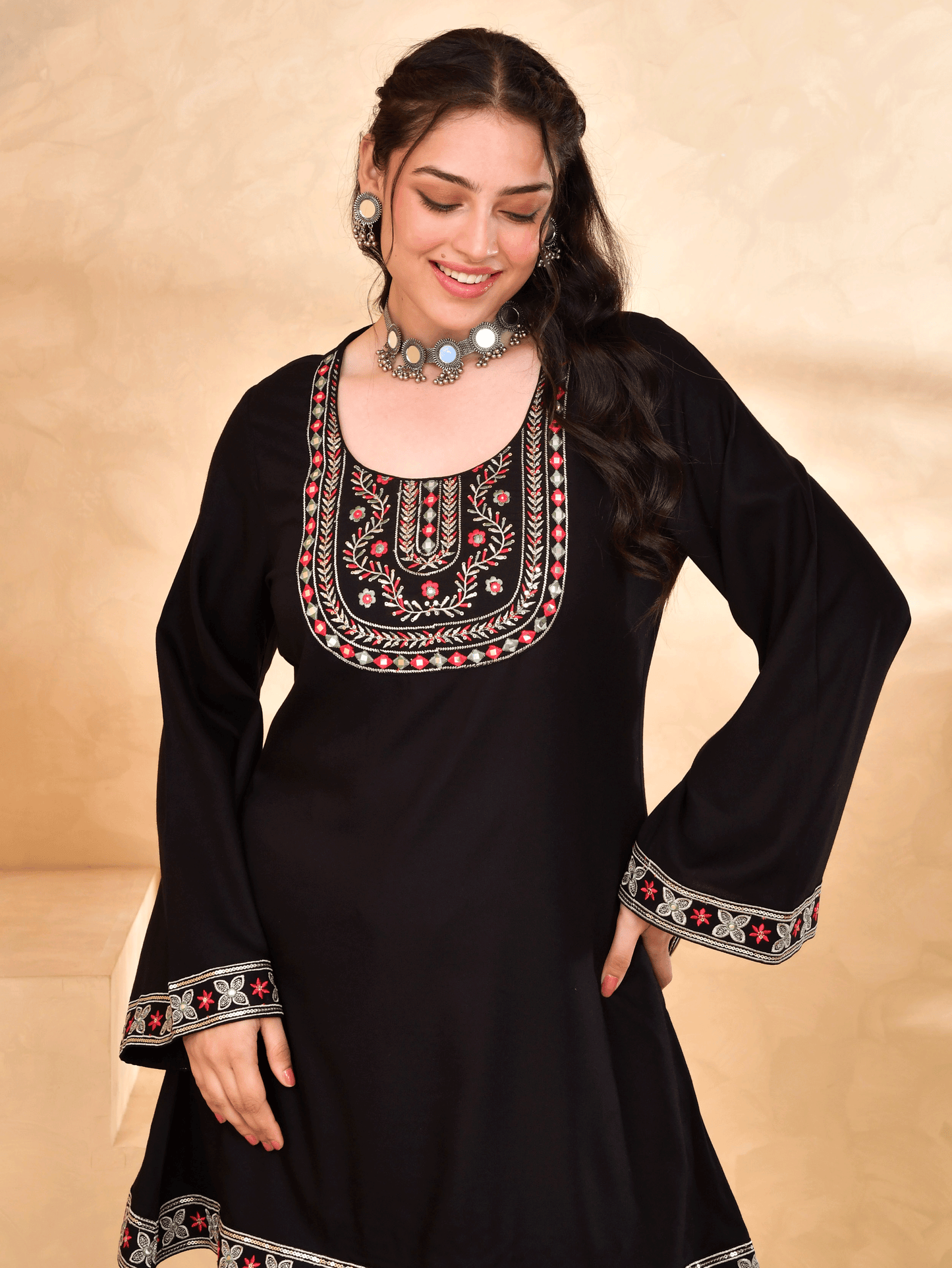 Embroidered Viscose Solid Straight Black Short Kurta