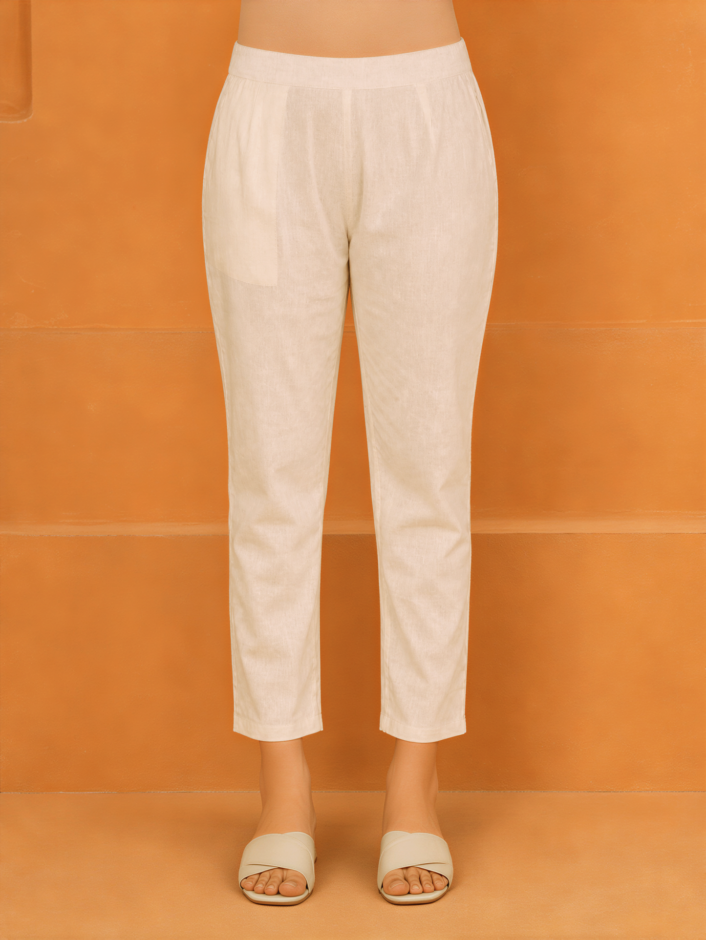 Linen Cotton Solid Off White Straight Trousers