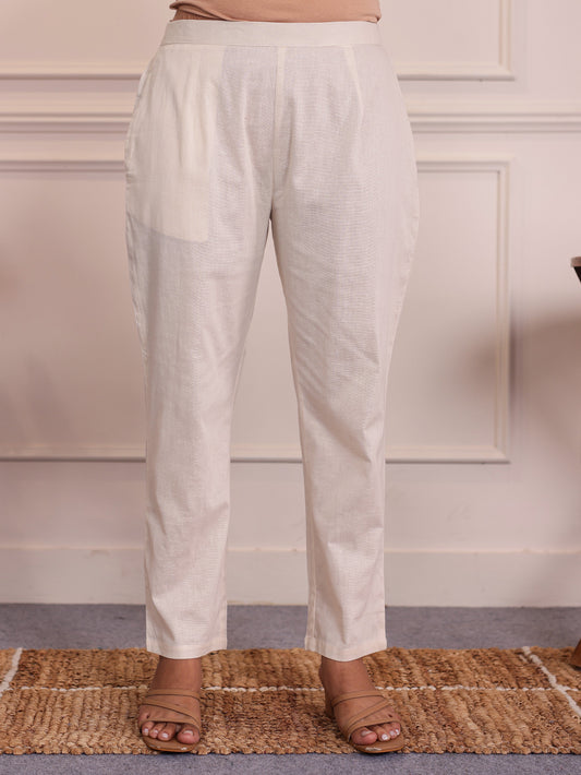 Linen Cotton Solid Off White Straight Trousers
