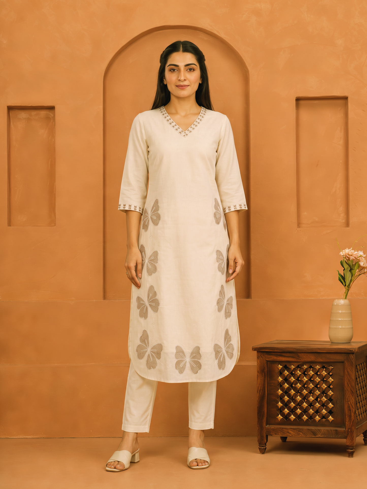 Embroidered Linen Cotton Straight Off White Kurta