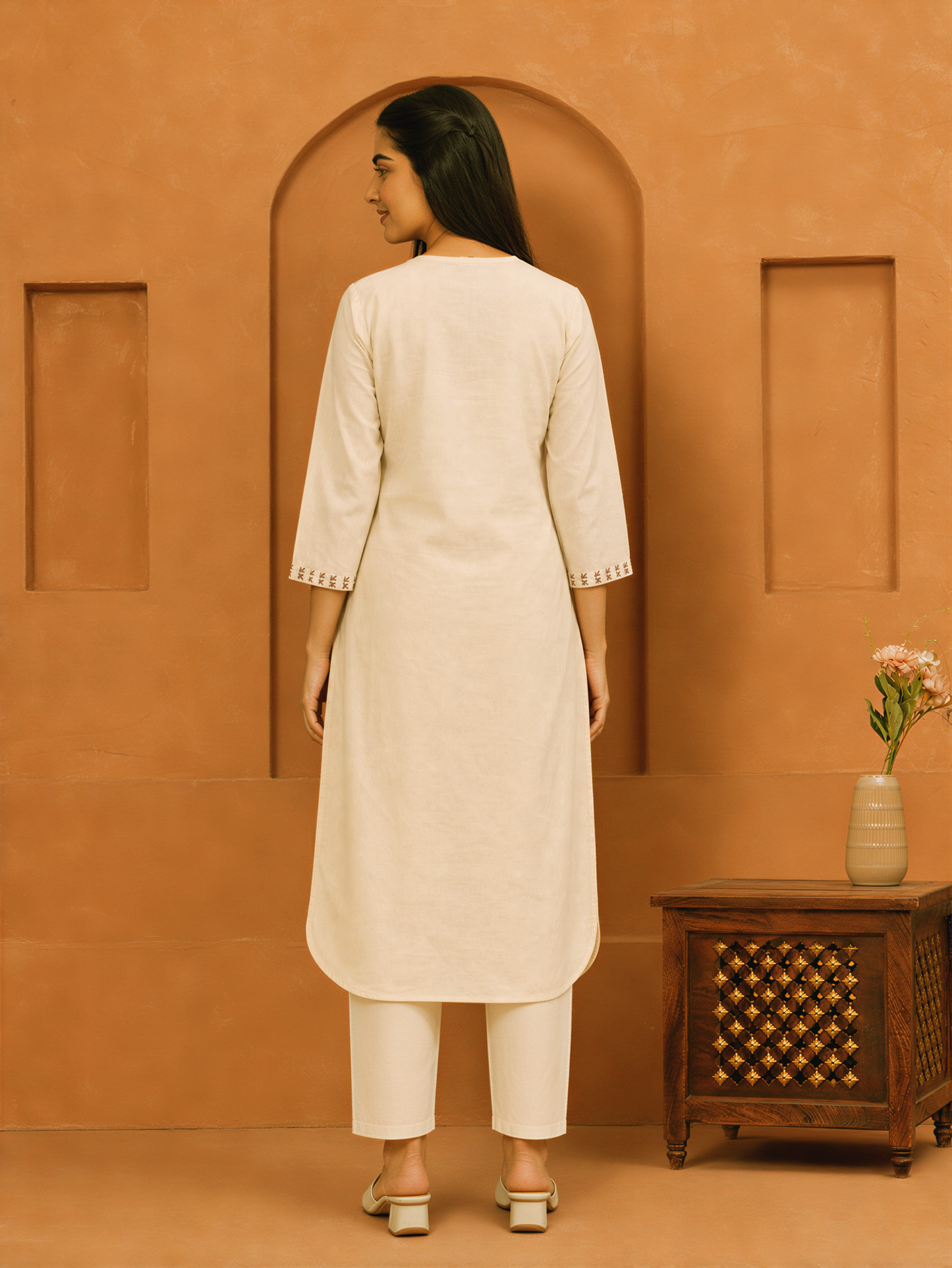 Embroidered Linen Cotton Straight Off White Kurta