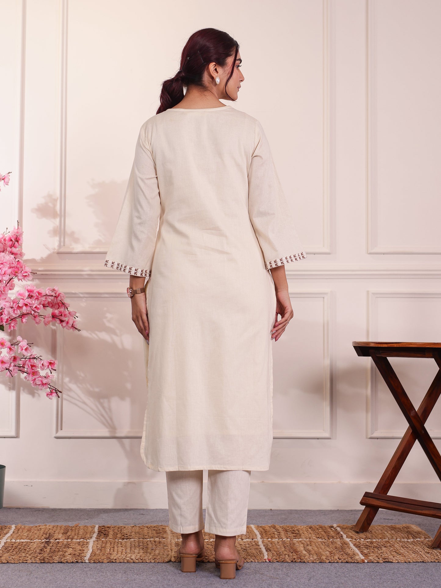 Embroidered Linen Cotton Straight Off White Kurta