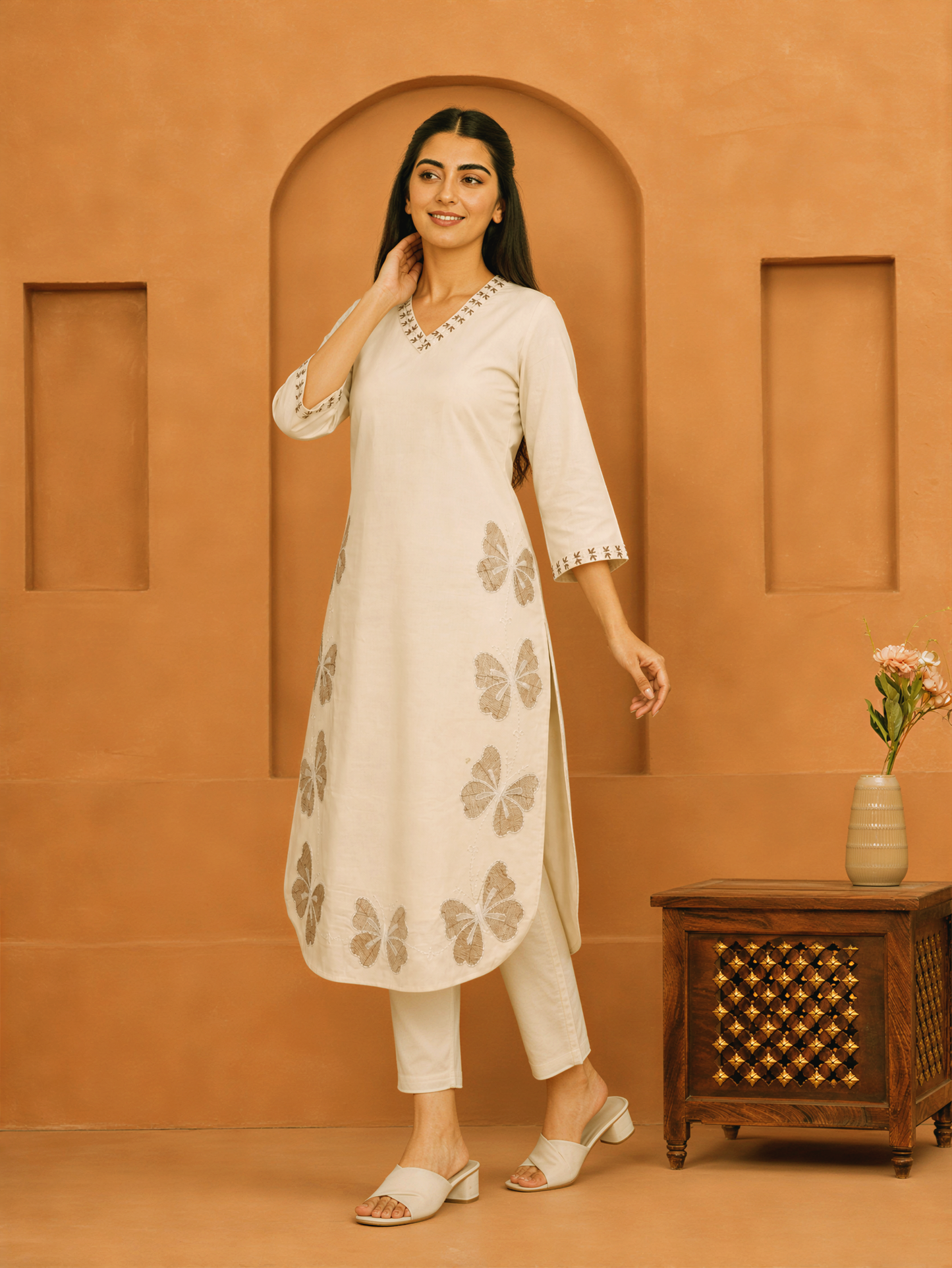 Embroidered Linen Cotton Straight Off White Kurta