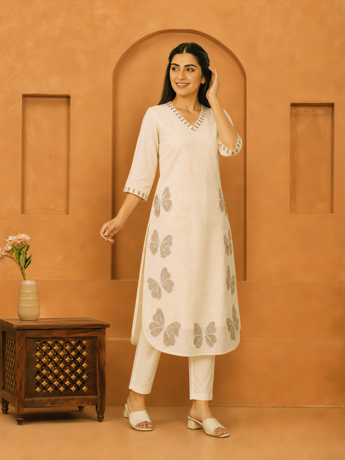 Embroidered Linen Cotton Straight Off White Kurta