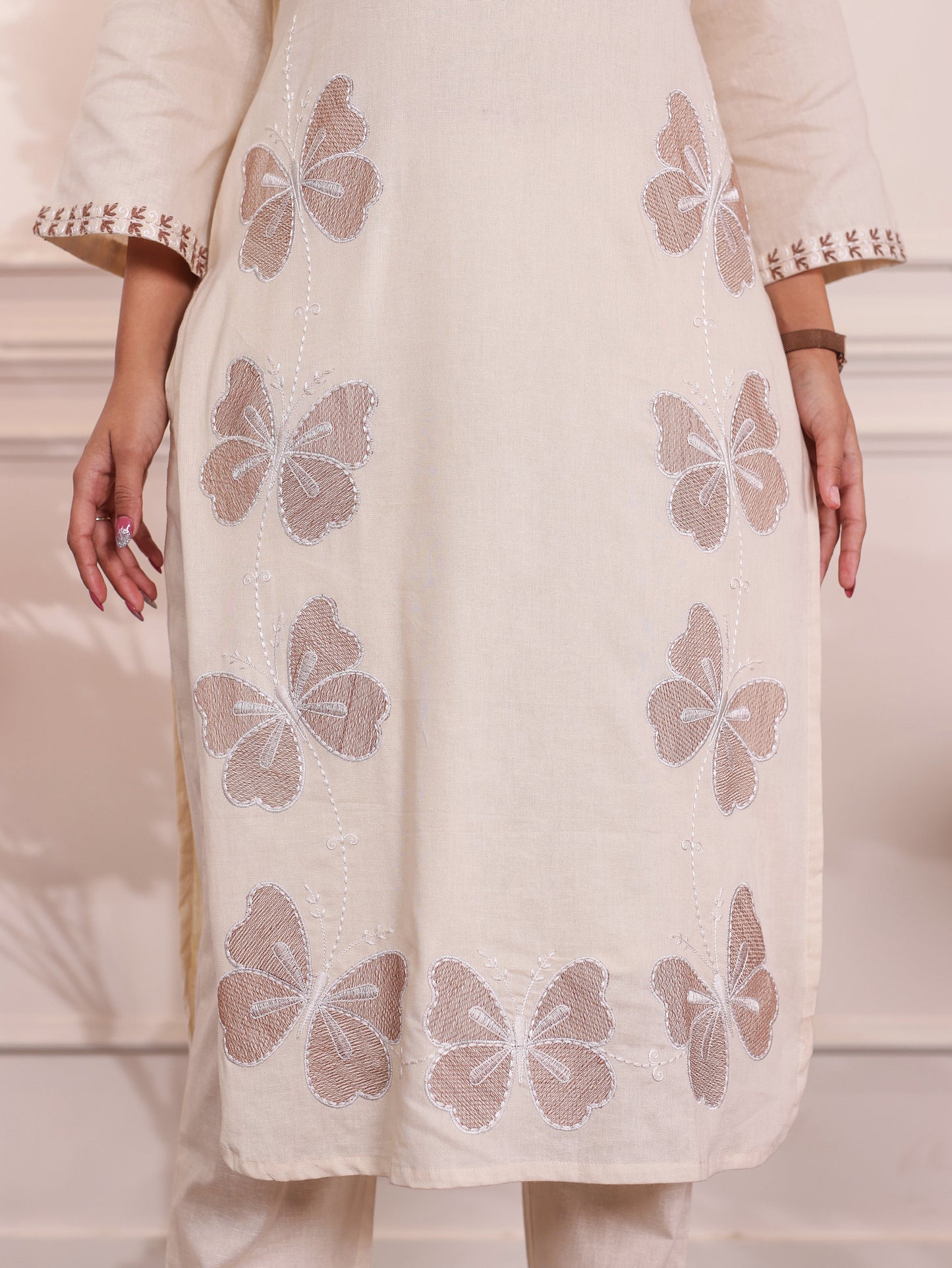 Embroidered Linen Cotton Straight Off White Kurta