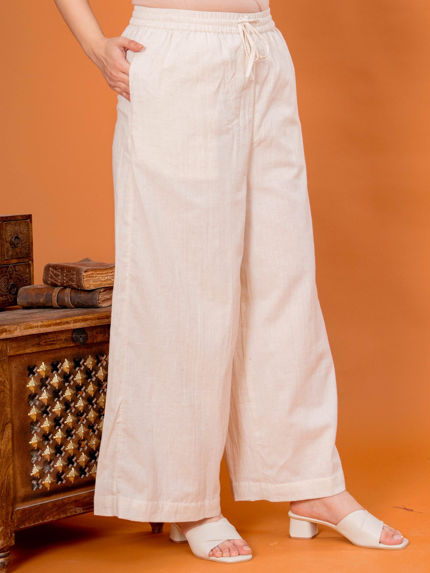 Linen Cotton Solid Off White Palazzo