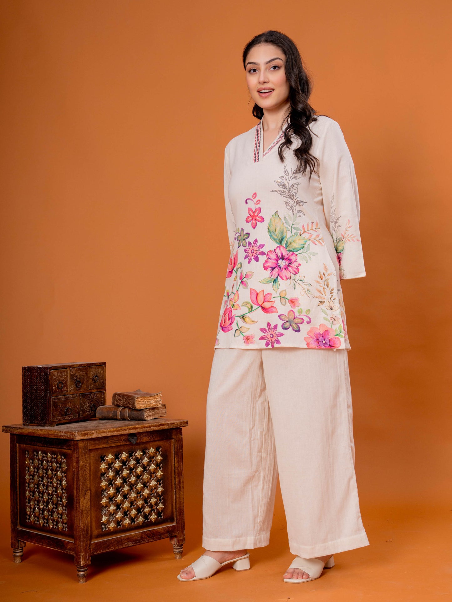 Embroidered Linen Cotton Placement Print Straight Off White Kurta