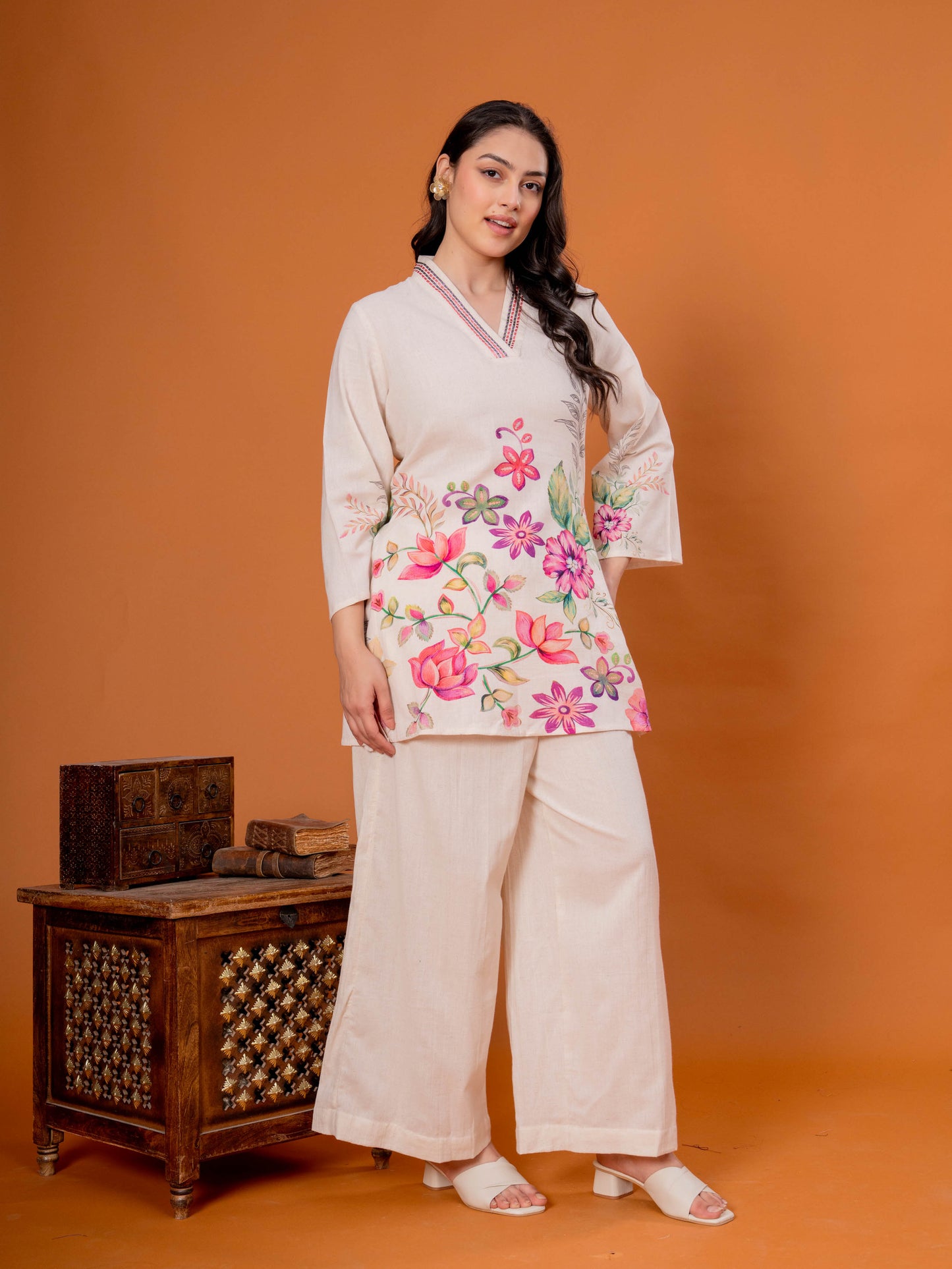 Embroidered Linen Cotton Placement Print Straight Off White Kurta