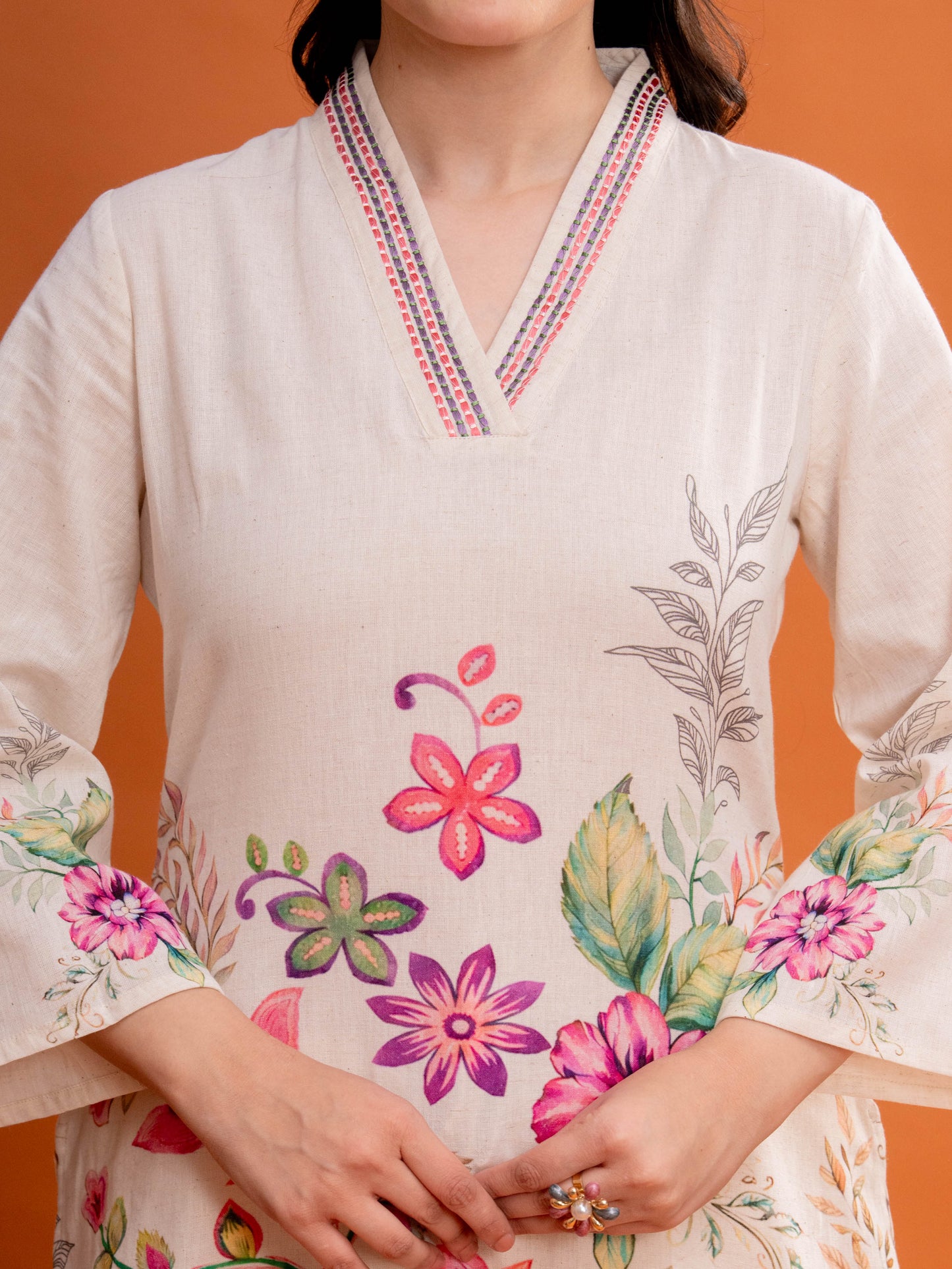 Embroidered Linen Cotton Placement Print Straight Off White Kurta