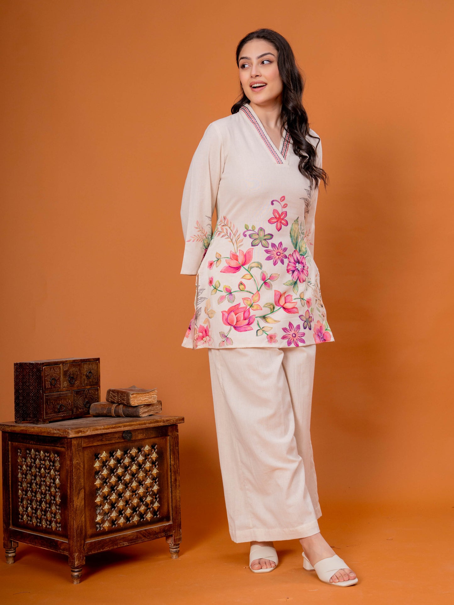 Embroidered Linen Cotton Placement Print Straight Off White Kurta