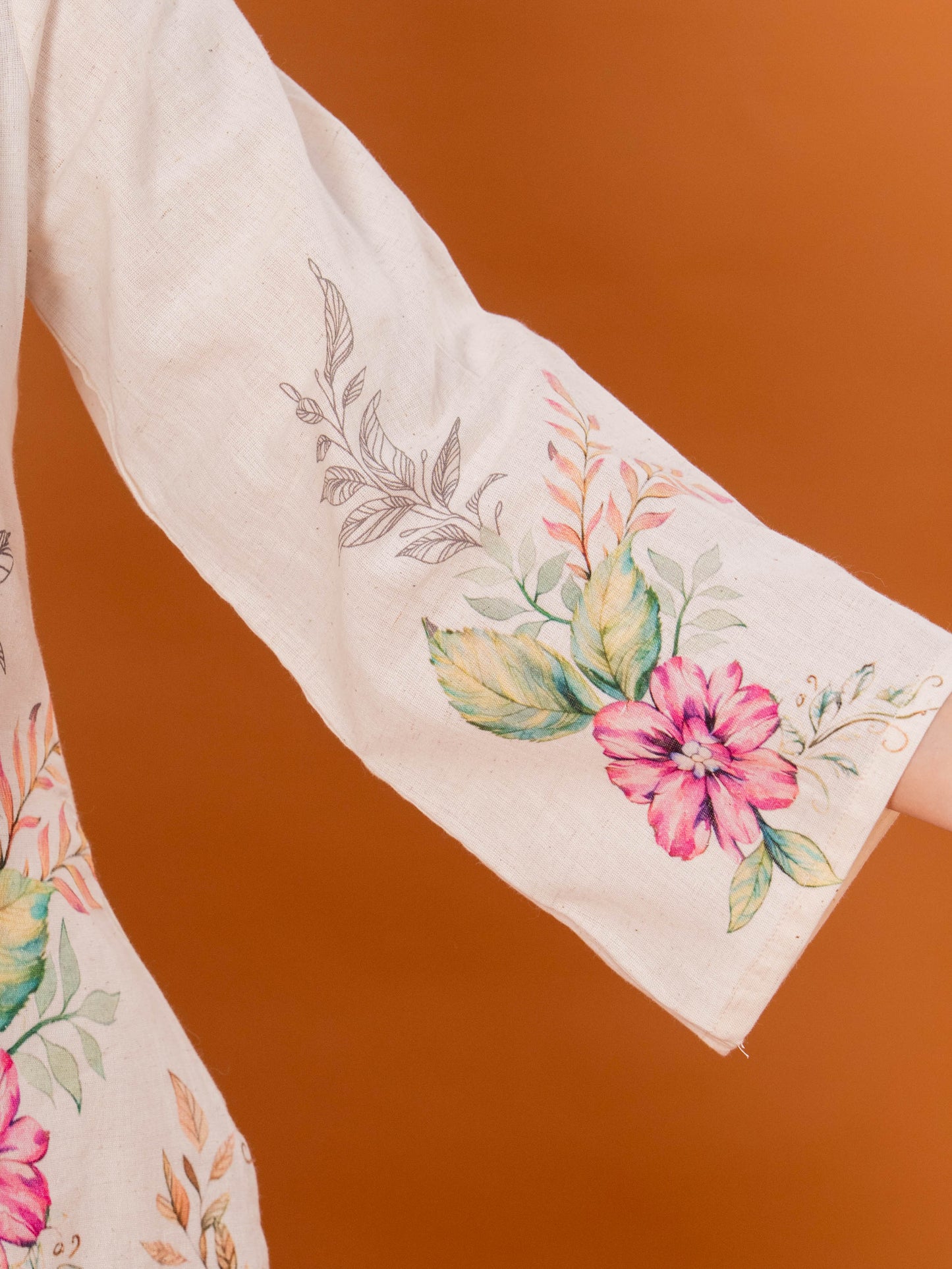 Embroidered Linen Cotton Placement Print Straight Off White Kurta