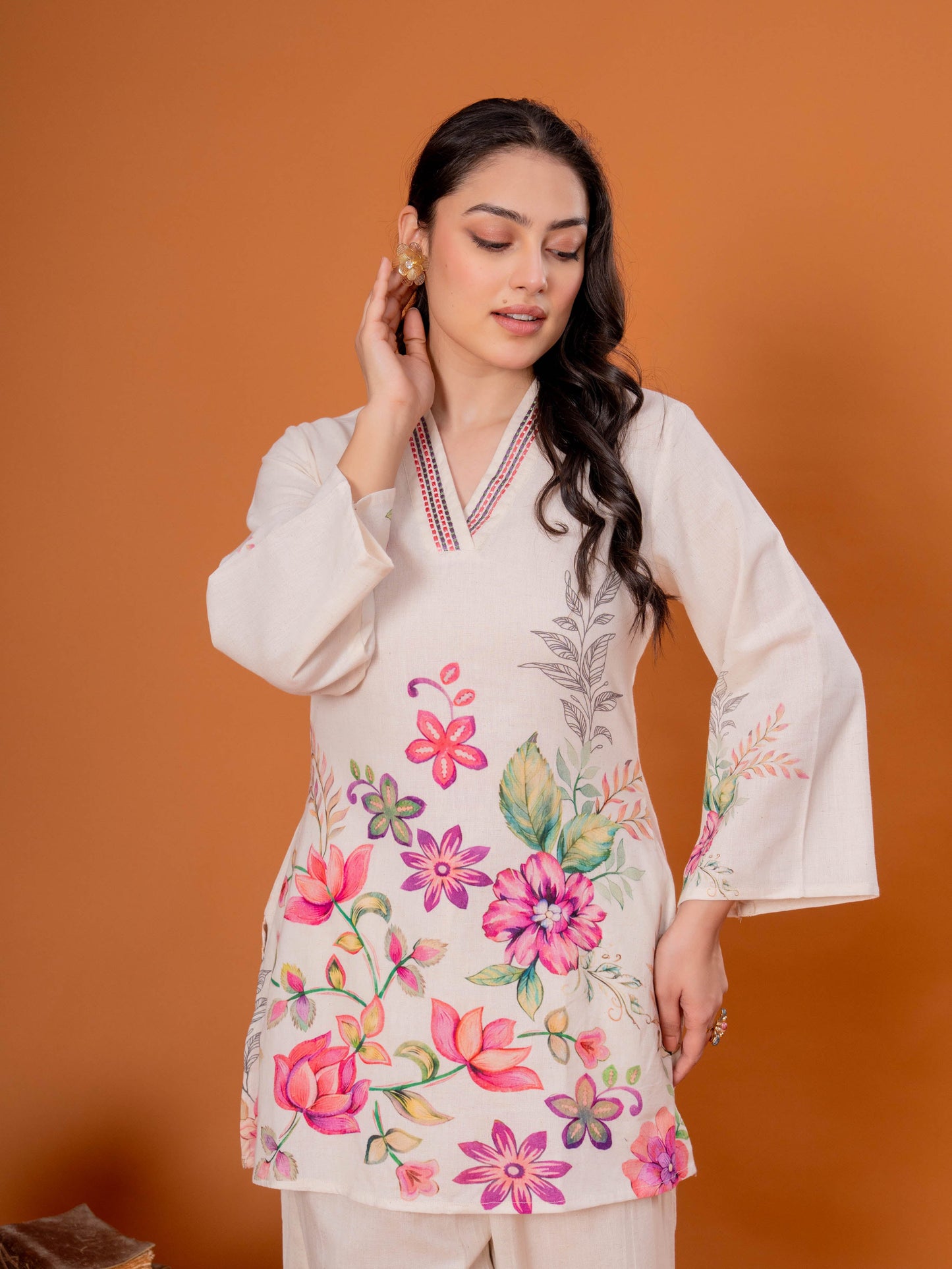 Embroidered Linen Cotton Placement Print Straight Off White Kurta