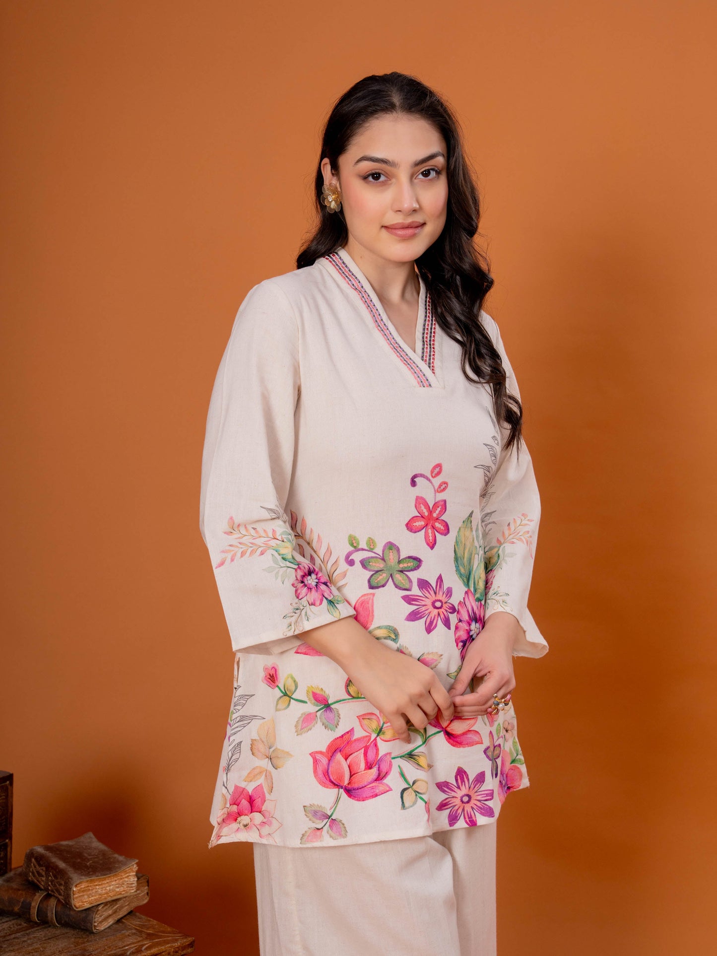 Embroidered Linen Cotton Placement Print Straight Off White Kurta