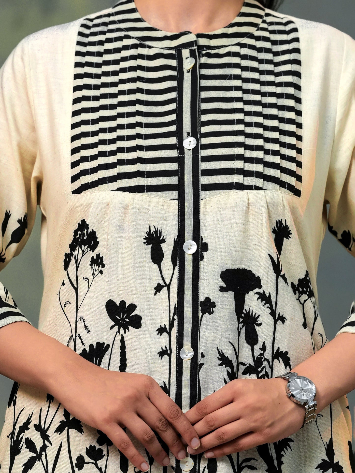 Linen cotton Placement Print A-line Off White Kurta