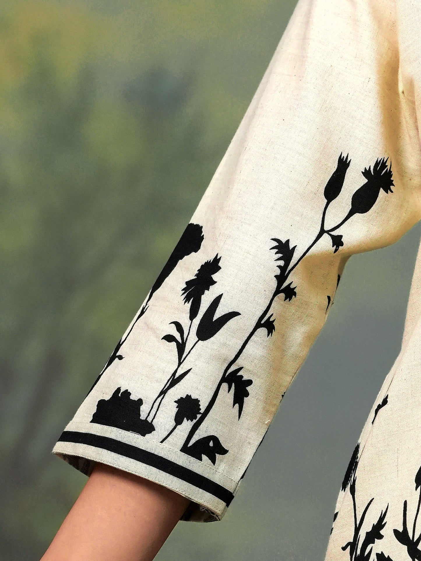 Linen cotton Placement Print A-line Off White Kurta
