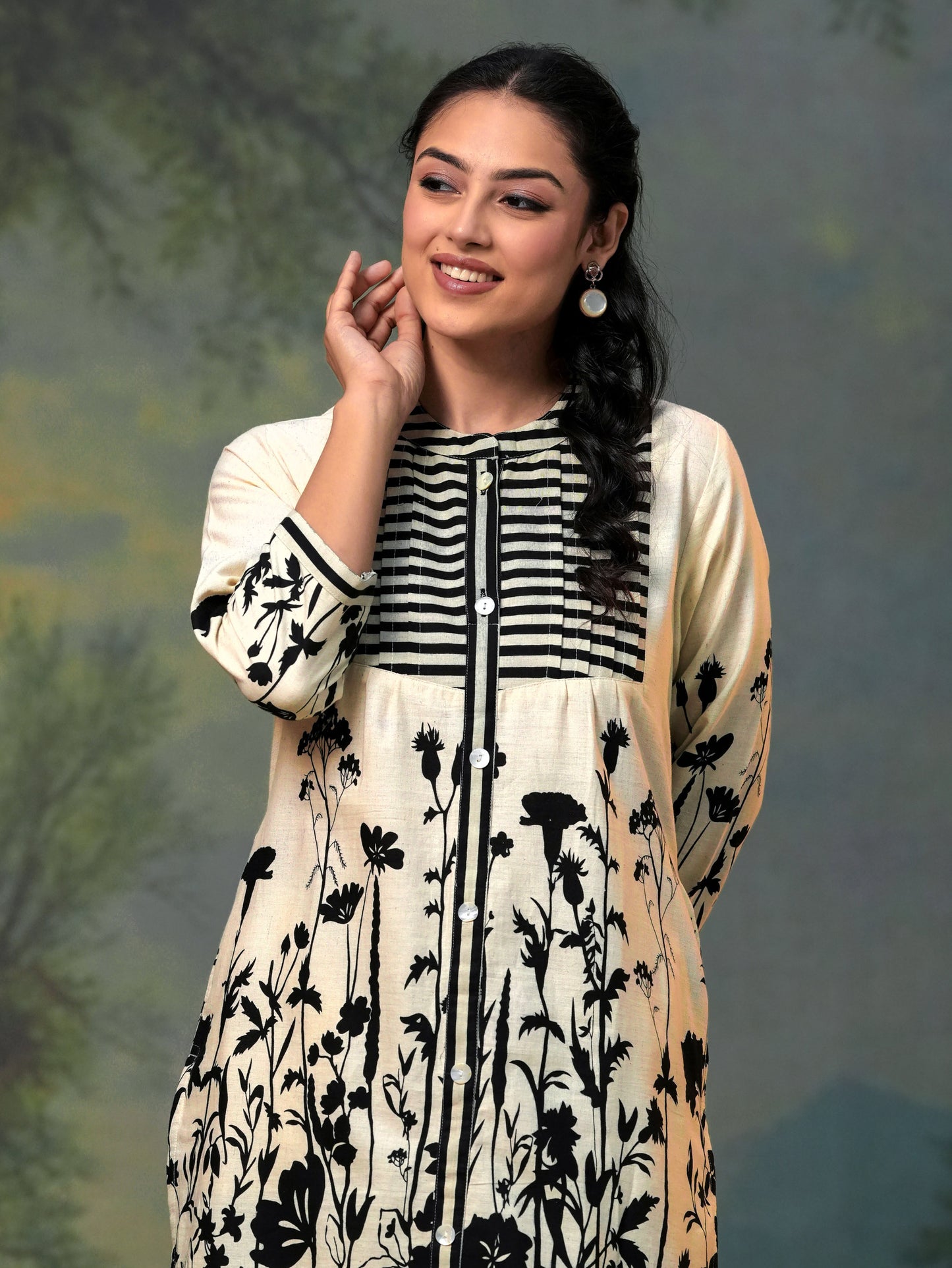 Linen cotton Placement Print A-line Off White Kurta