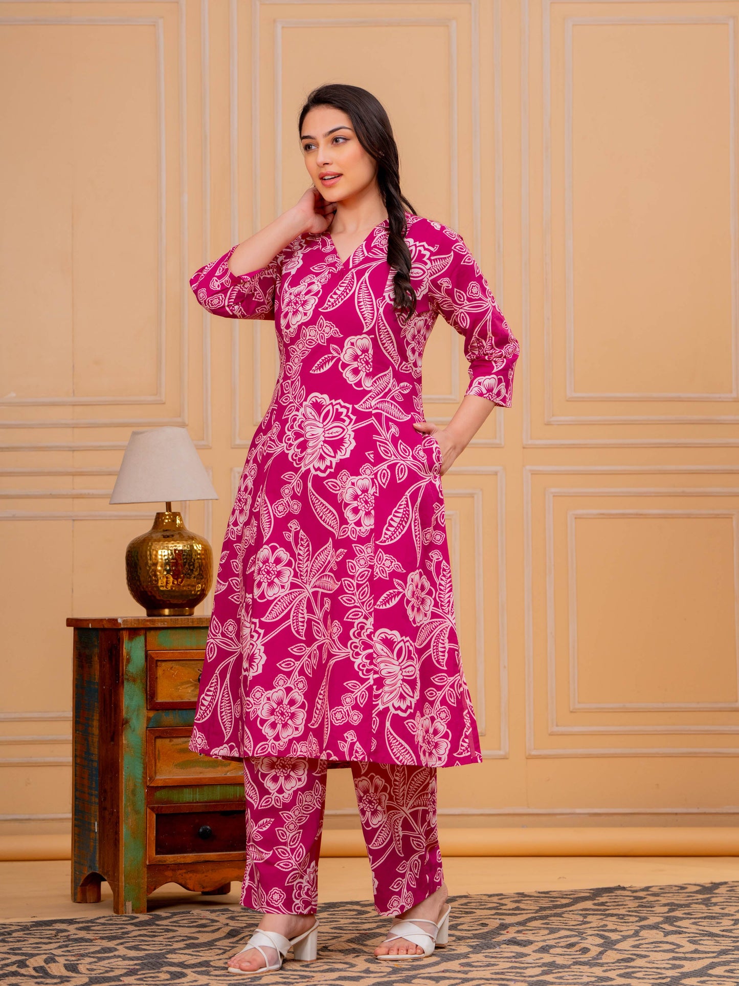 Soft Cotton Floral A-line Pink Kurta
