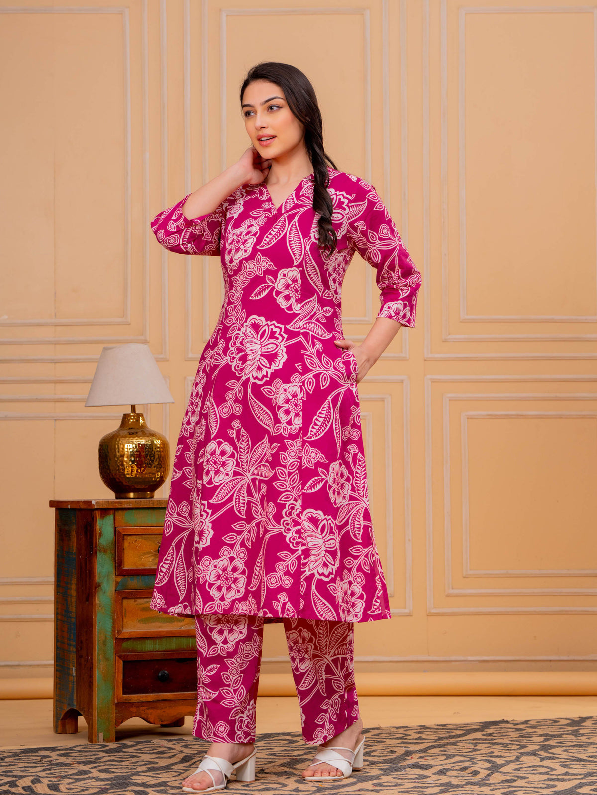 Soft Cotton Floral A-line Pink Kurta