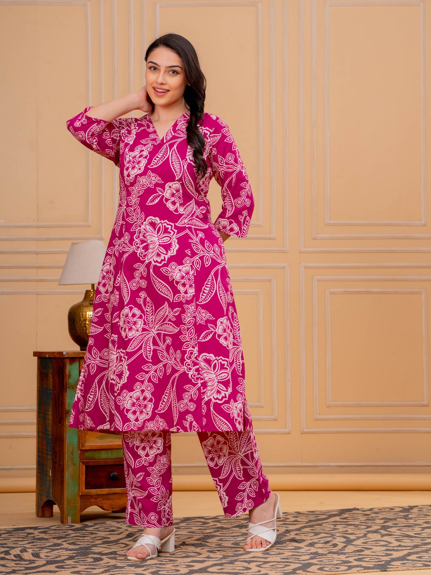 Soft Cotton Floral A-line Pink Kurta