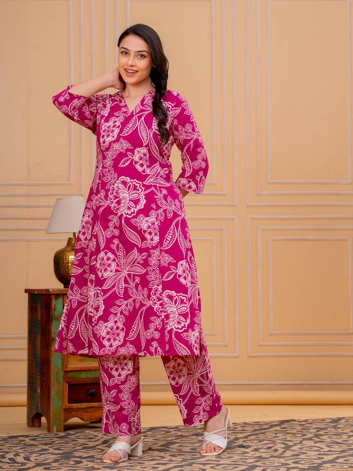 Soft Cotton Floral A-line Pink Kurta