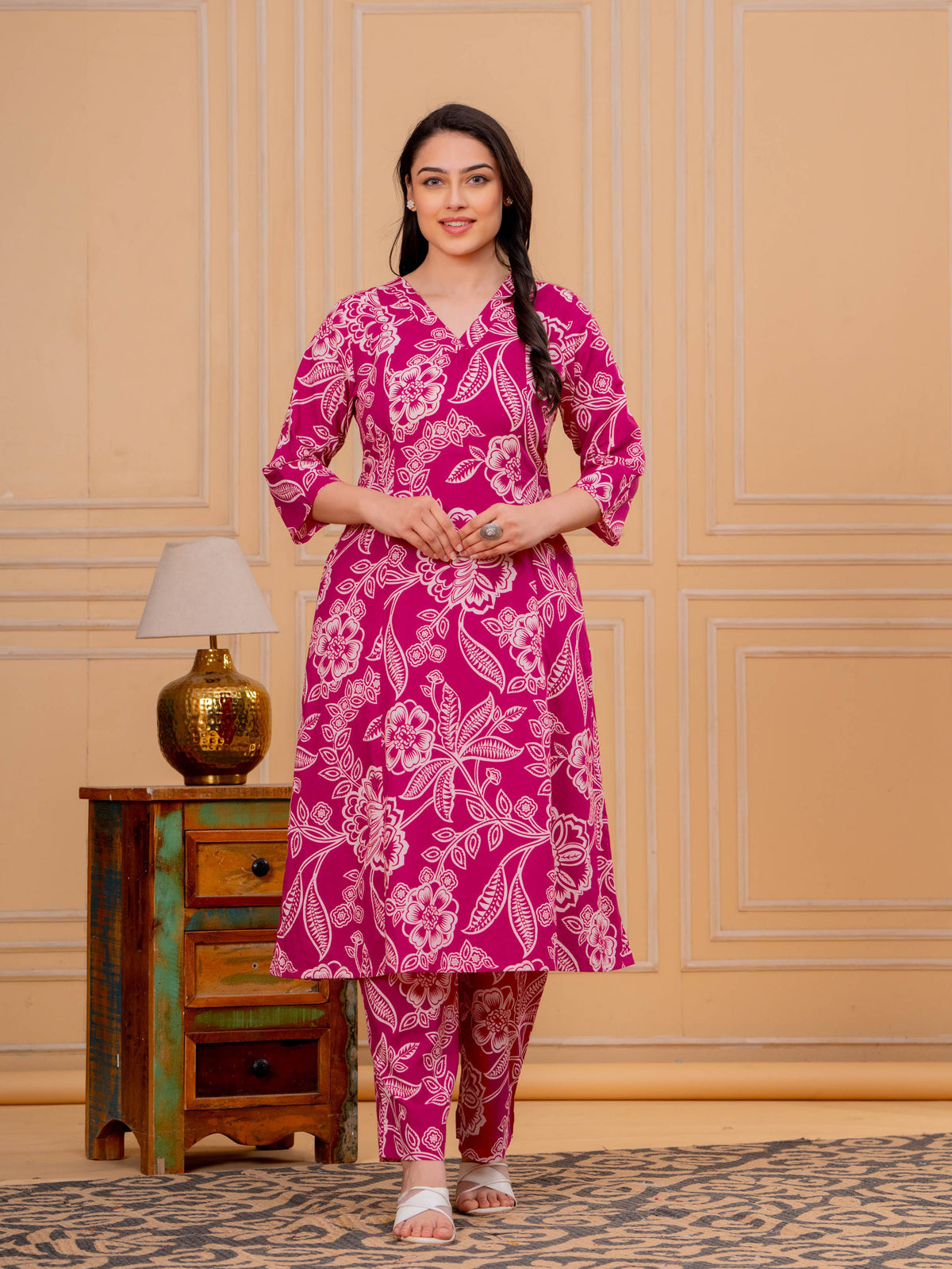 Soft Cotton Floral A-line Pink Kurta