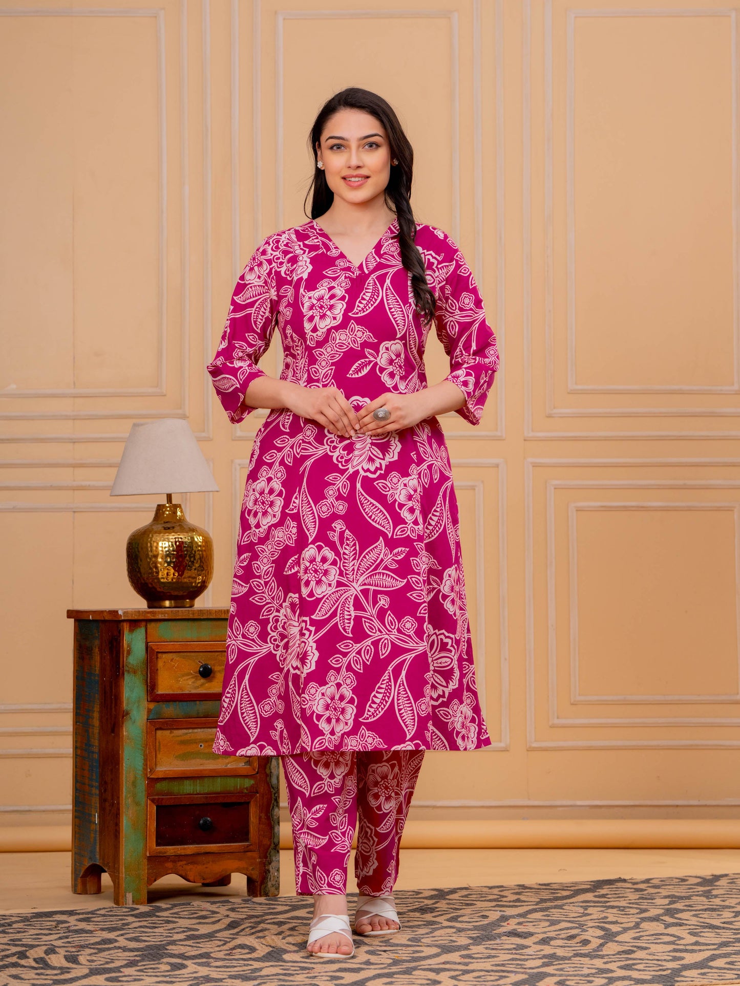 Soft Cotton Floral A-line Pink Kurta