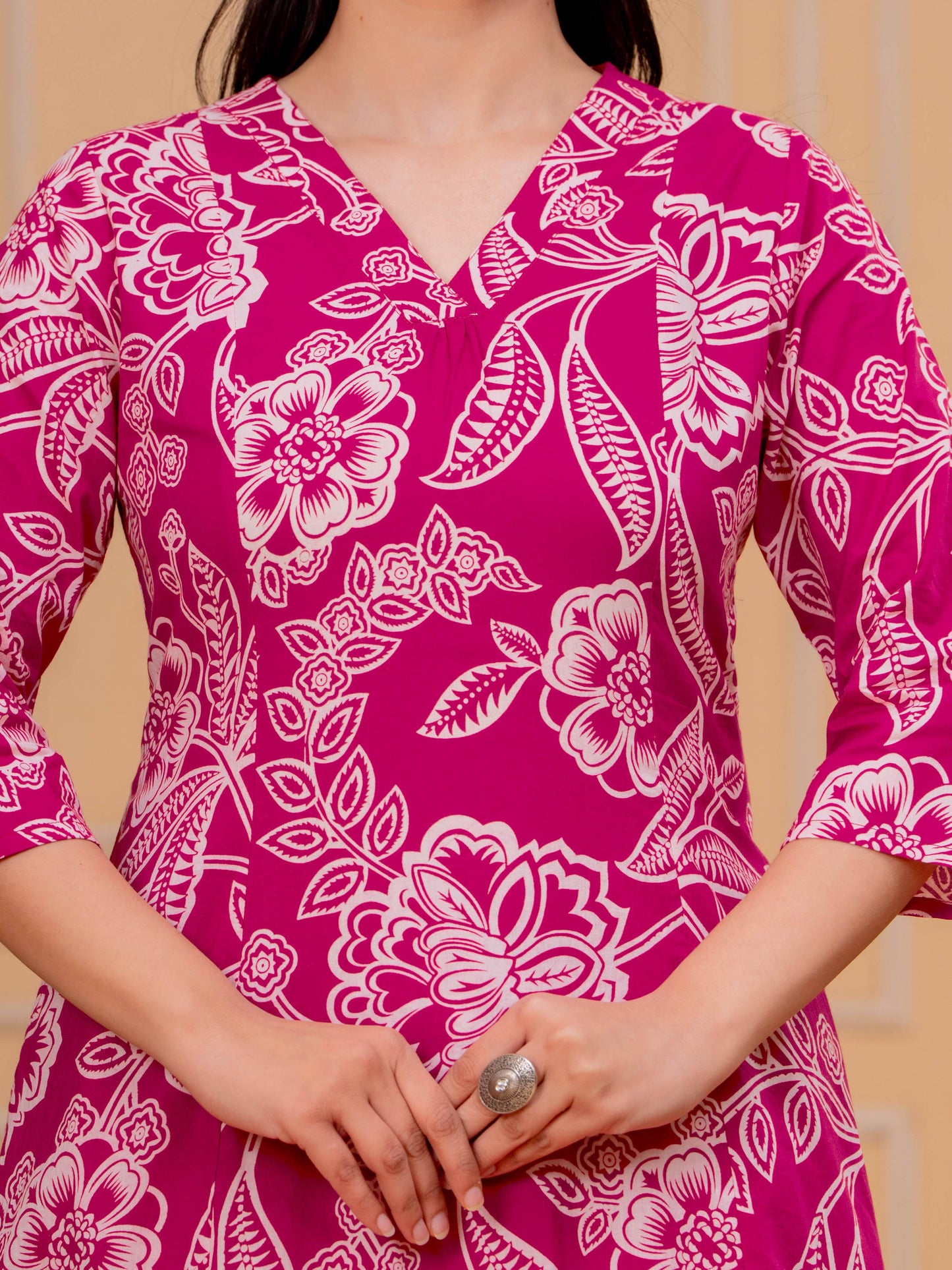 Soft Cotton Floral A-line Pink Kurta