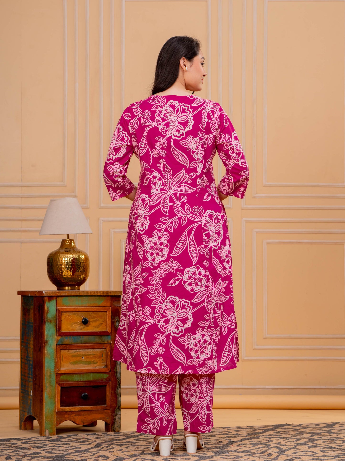 Soft Cotton Floral A-line Pink Kurta