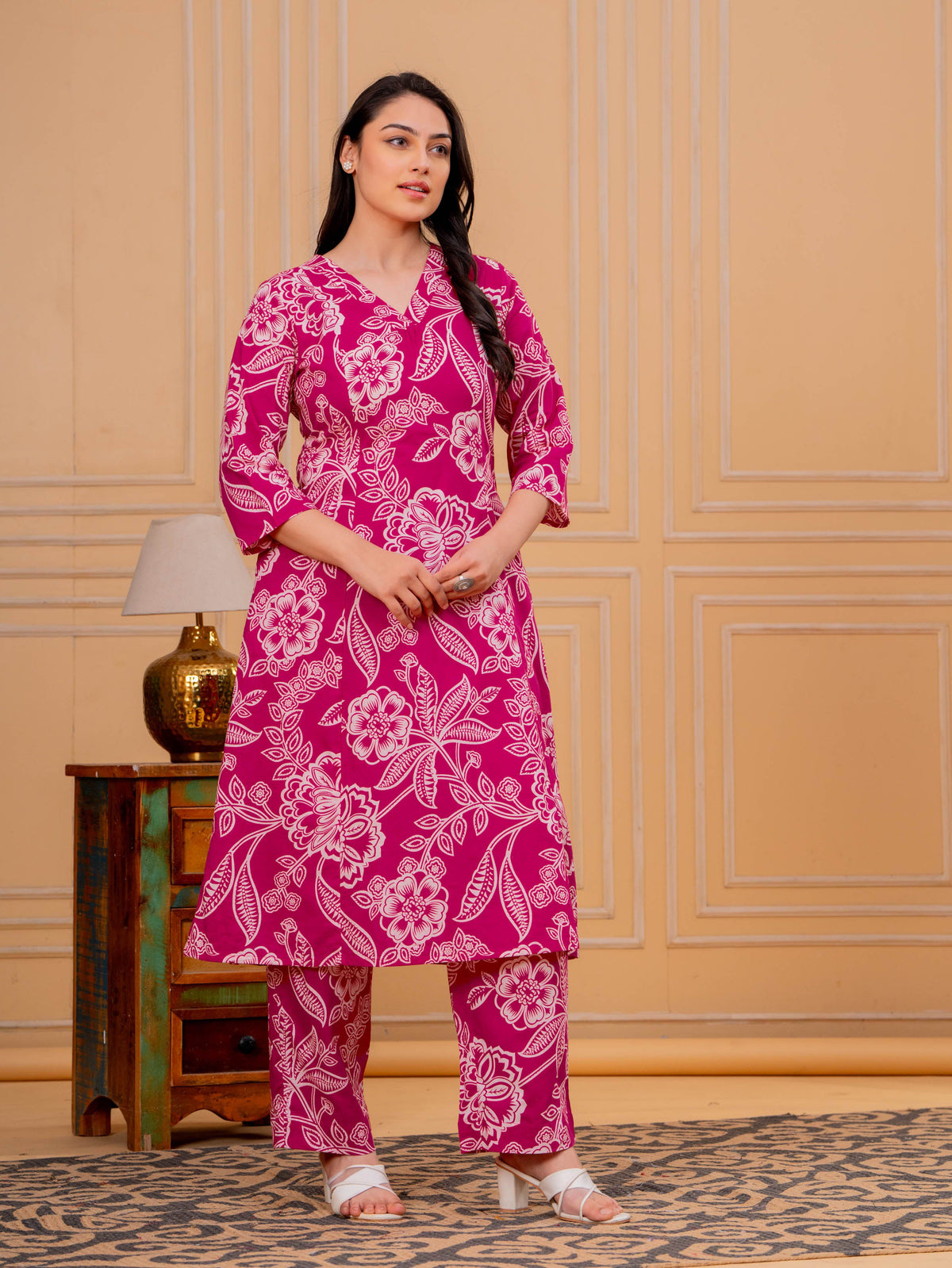 Soft Cotton Floral A-line Pink Kurta