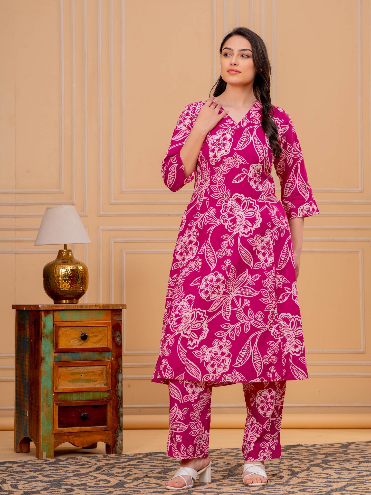 Soft Cotton Floral A-line Pink Kurta