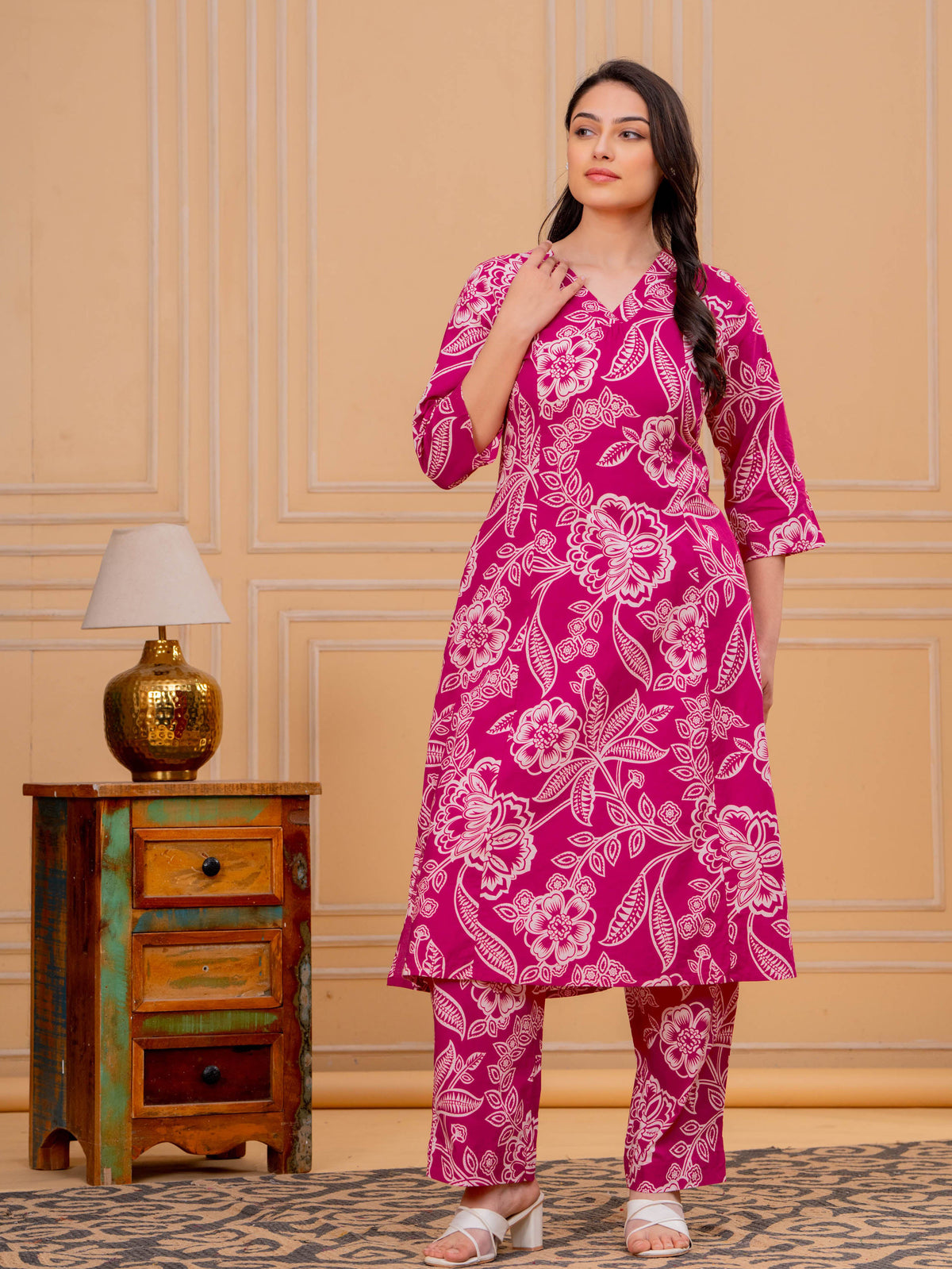 Soft Cotton Floral A-line Pink Kurta