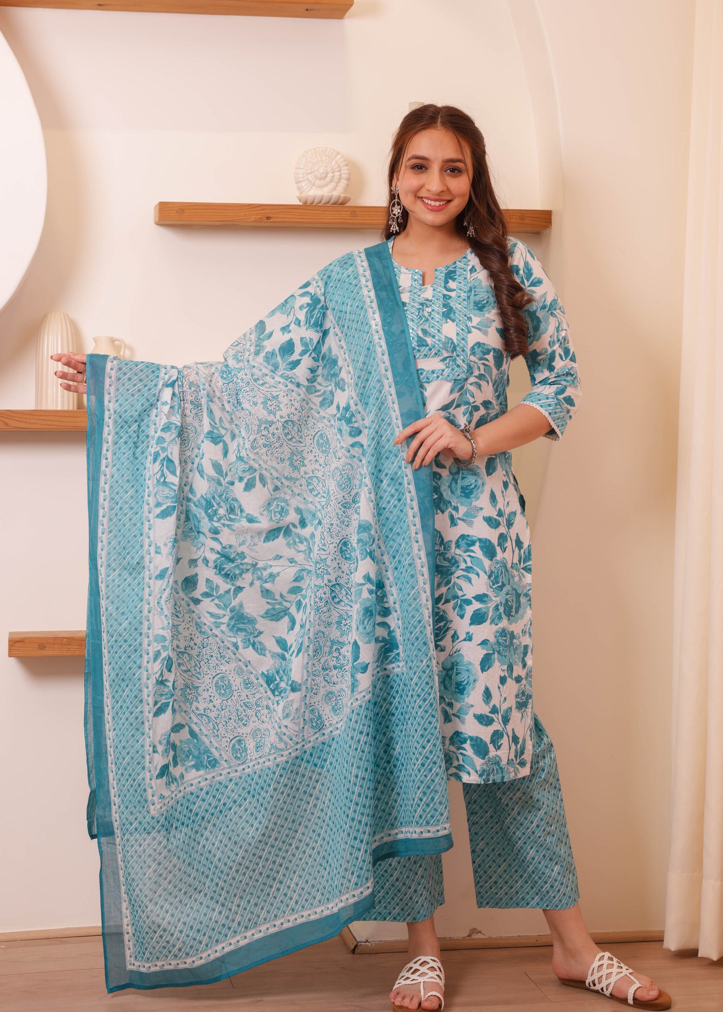 Embroidered Soft Cotton Floral Straight Blue Kurta